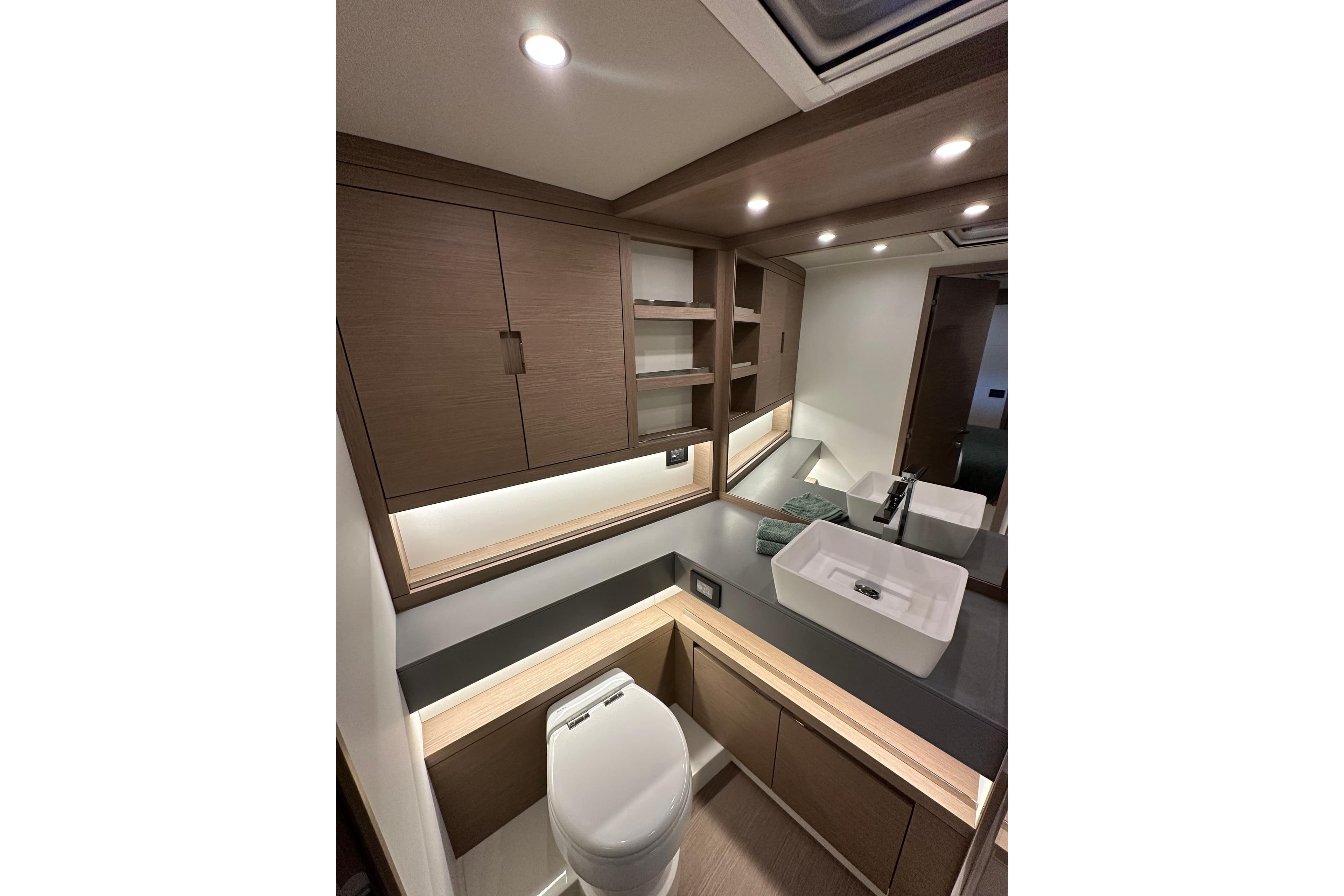 Luxurious bathroom interior of 2026 Pardo Yachts GT52 with modern fixtures and elegant cabinetry.