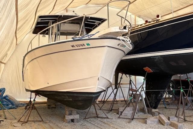 2000 Grady-White Bimini 306 boat stored indoors on stands.