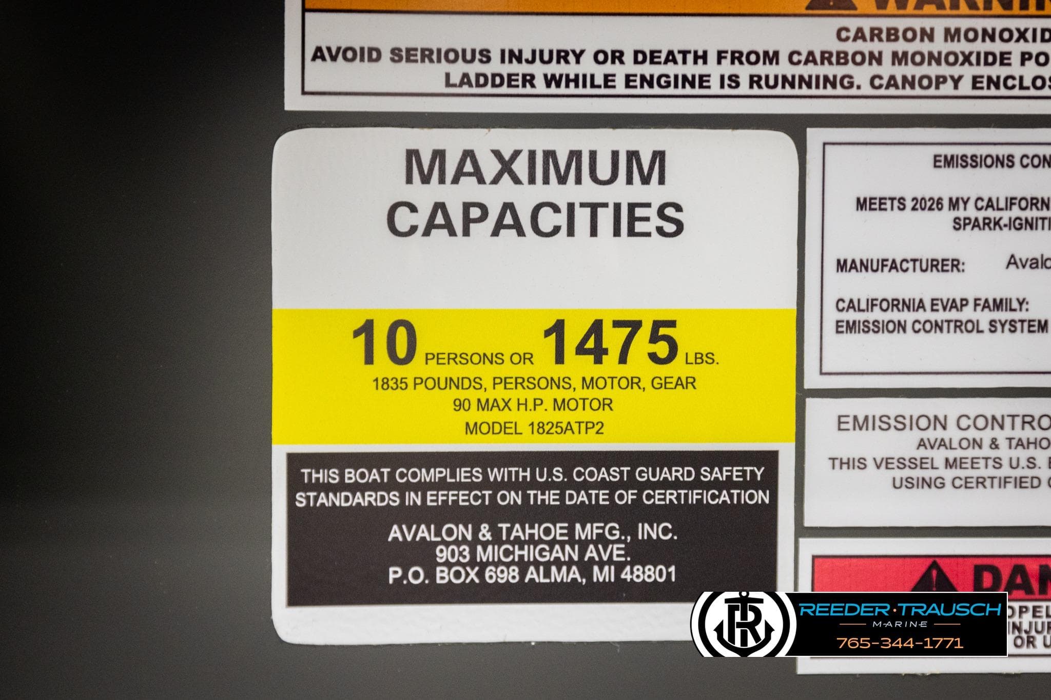 2026 Avalon VEN RF boat capacity label: 10 persons, 1475 lbs, 90 HP motor.