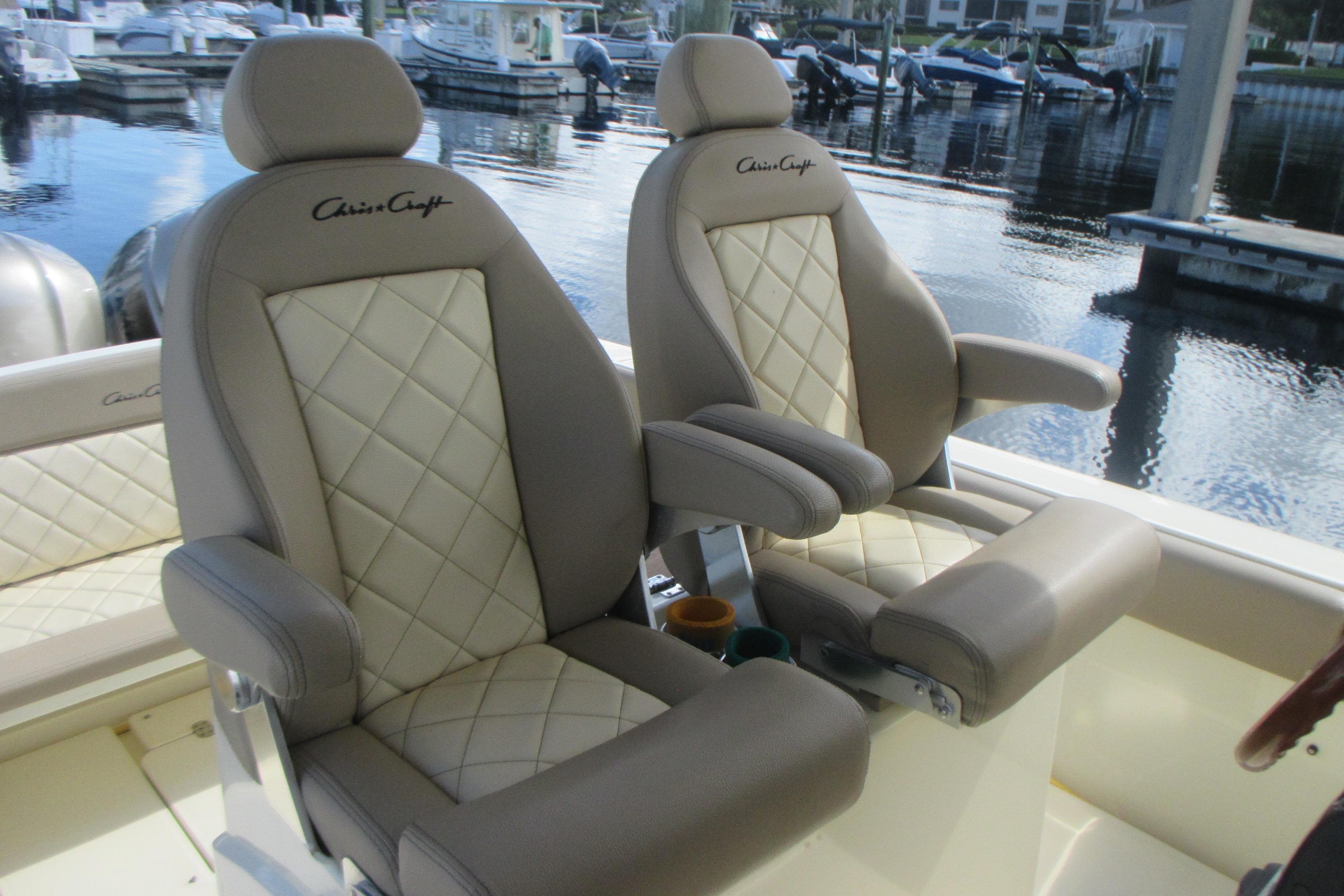 Luxurious seating on 2019 Chris-Craft Catalina 30 boat, featuring elegant design and comfort.