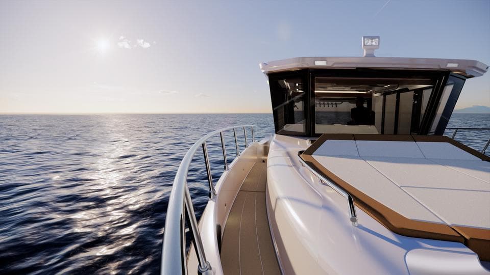 Luxury Oryx 37 LX yacht cruising on open sea, 2025 model, under clear sky.