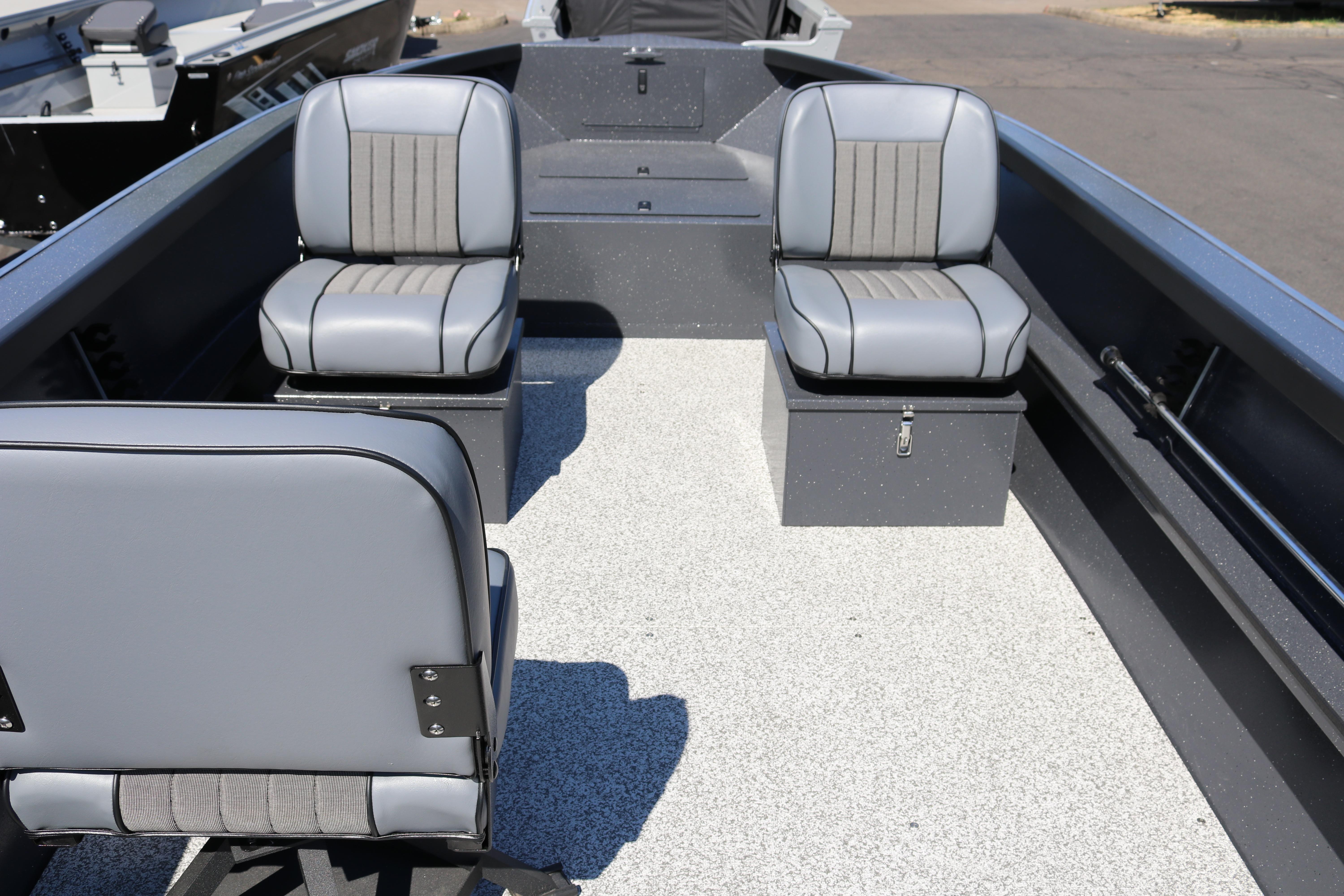 2026 Alumaweld Adventurer 20 boat interior with gray seating and spacious layout.