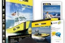 Sea Tow promotional materials featuring a Bertram 28 CC boat, 2023 model.