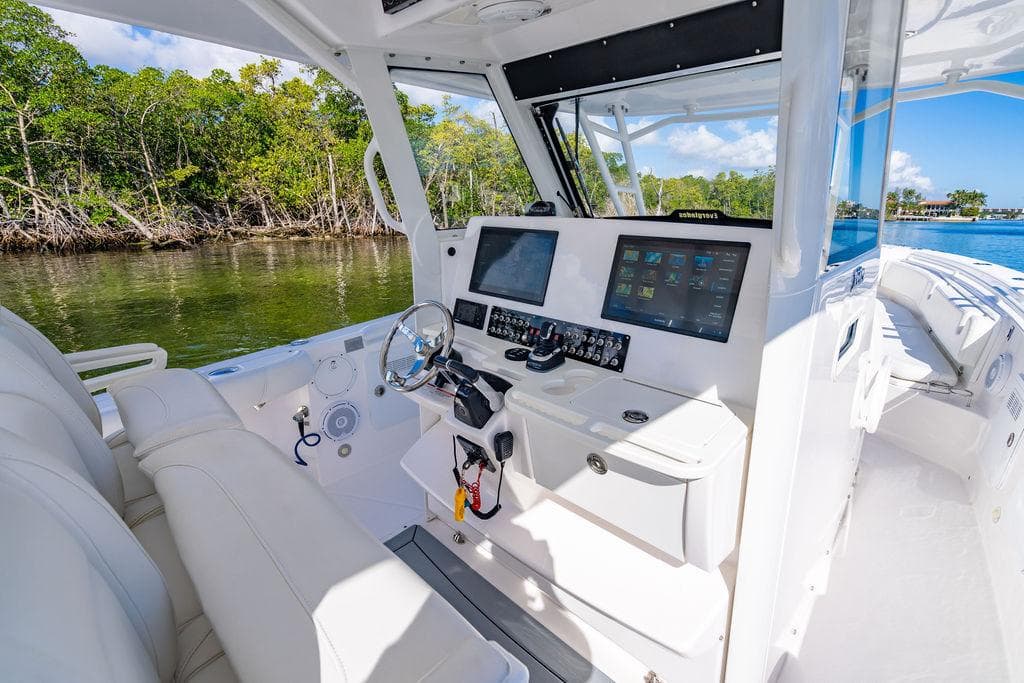Interior view of 2019 Everglades 355 Center Console boat.
