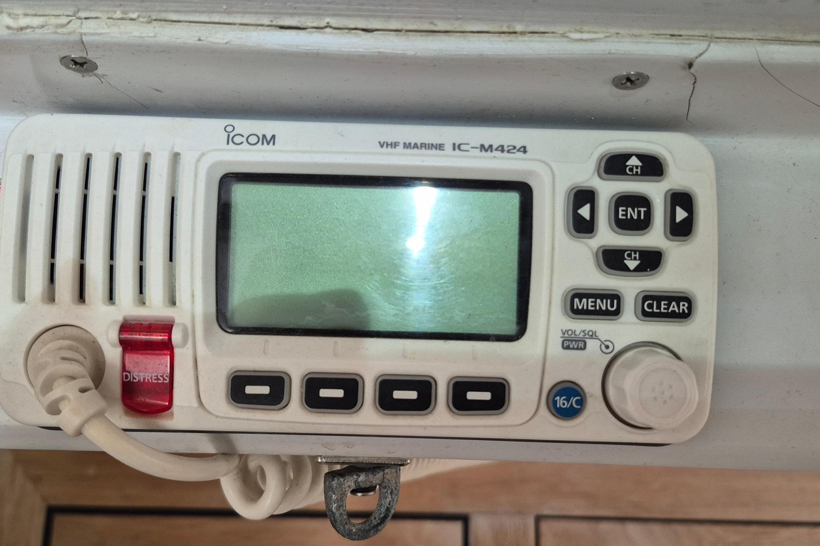 VHF marine radio IC-M424 on 1990 Little Harbor Express boat dashboard.