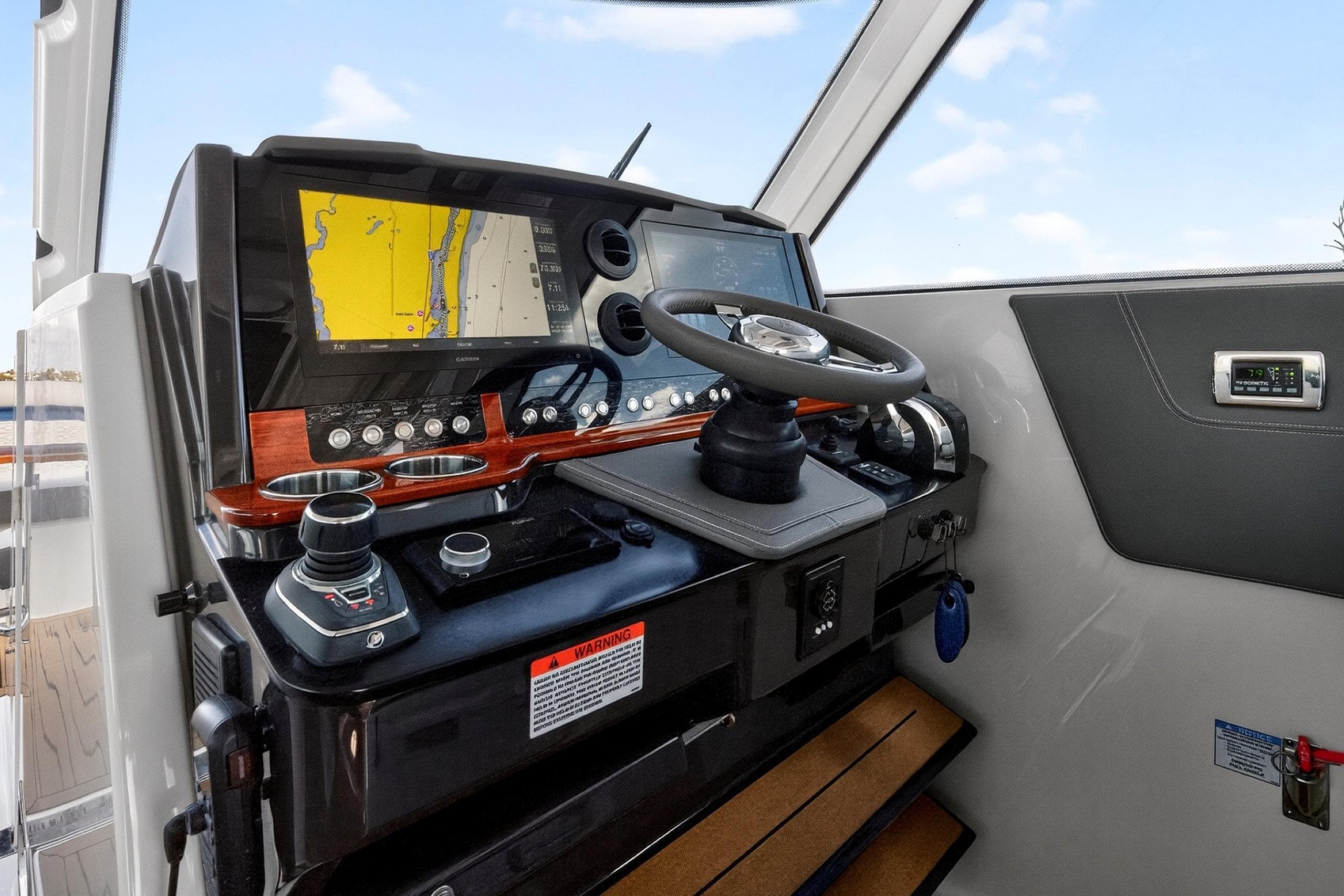 2022 Tiara Yachts 38 LX helm with navigation display and controls.