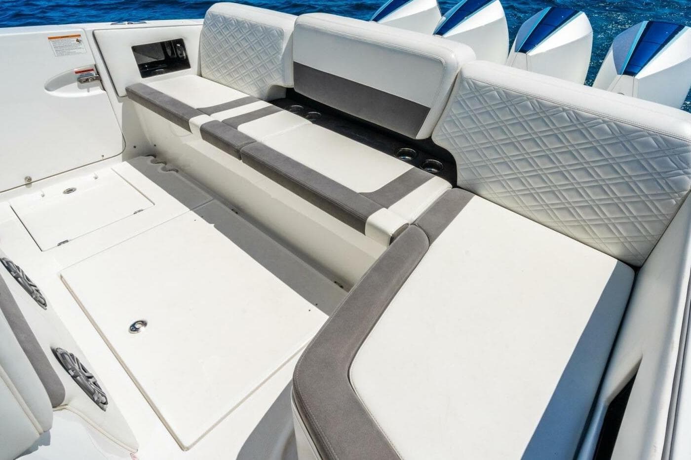 Luxurious seating on 2019 Cigarette 41' GTR boat with quilted upholstery.