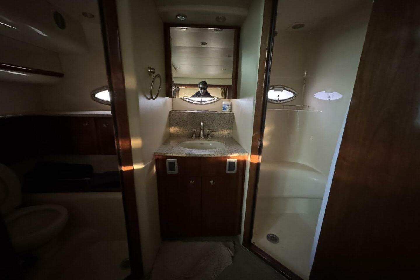Bathroom interior of 2008 Meridian 459 Motoryacht with sink and shower.