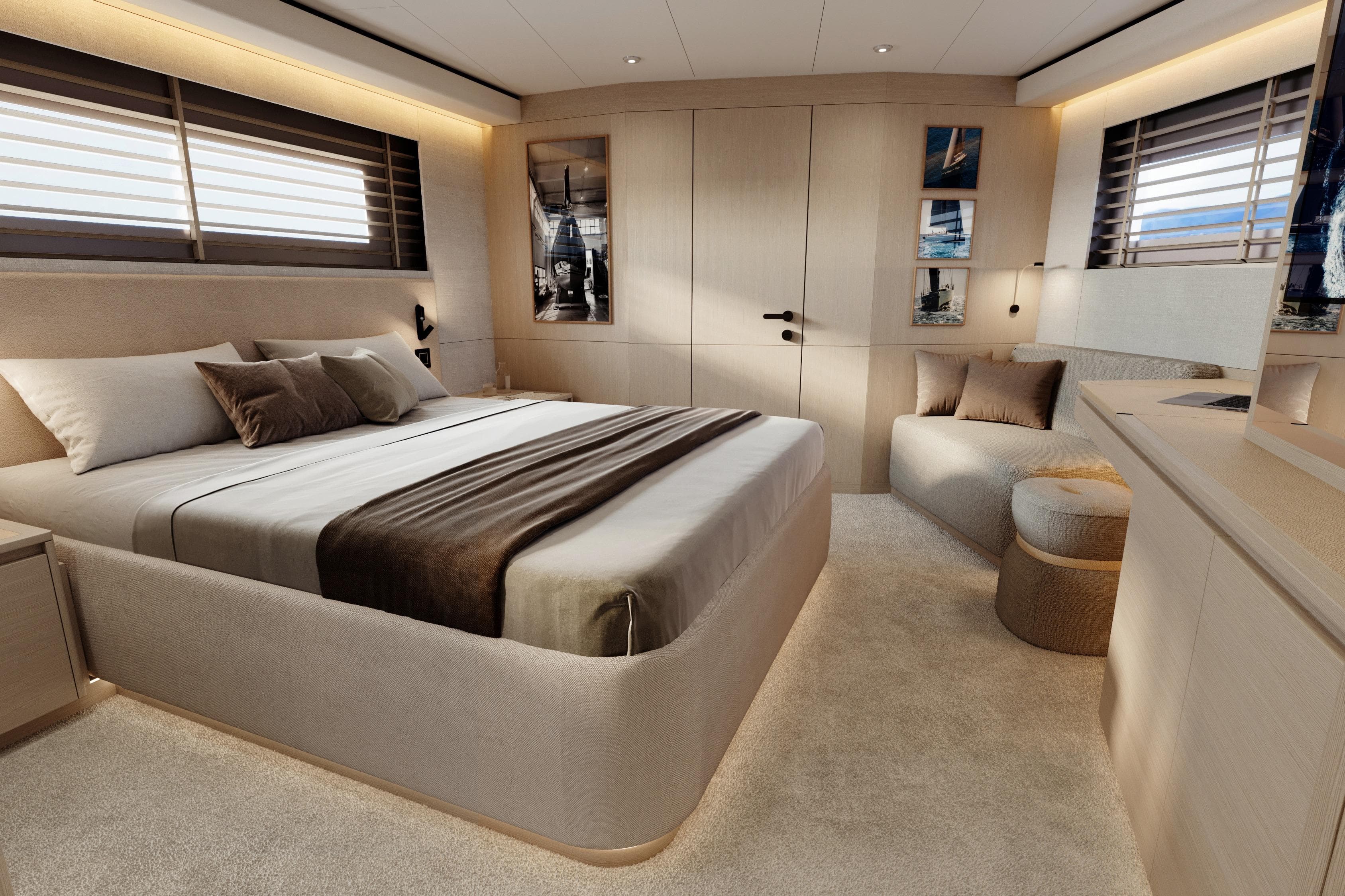 Luxurious interior of 2026 Pardo Yachts GT65, featuring elegant bedroom design and modern decor.