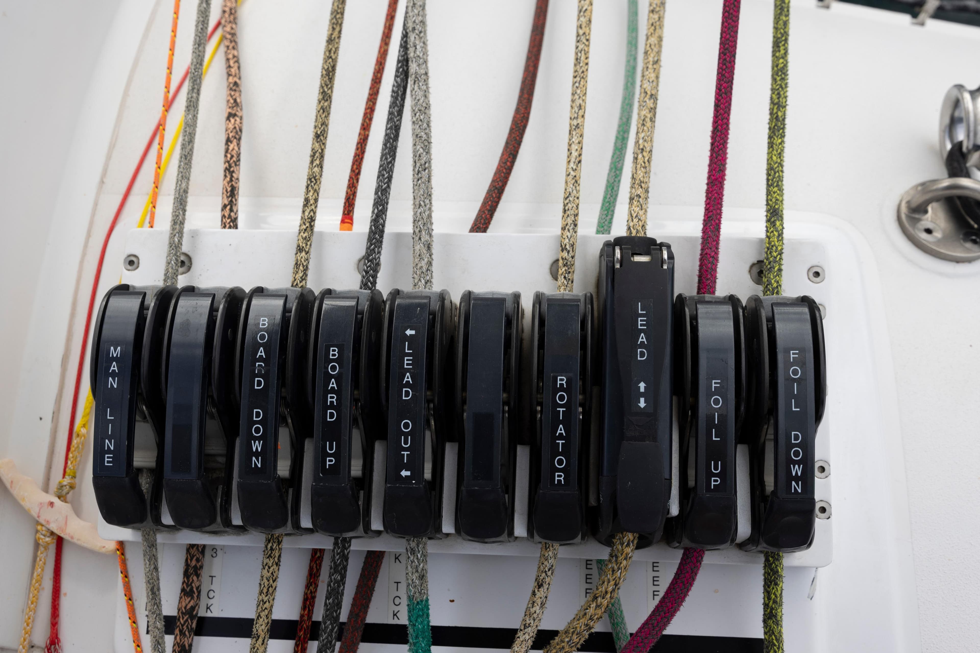 Control panel with labeled levers and ropes on a 2012 CDK Technologies MOD 70 sailboat.