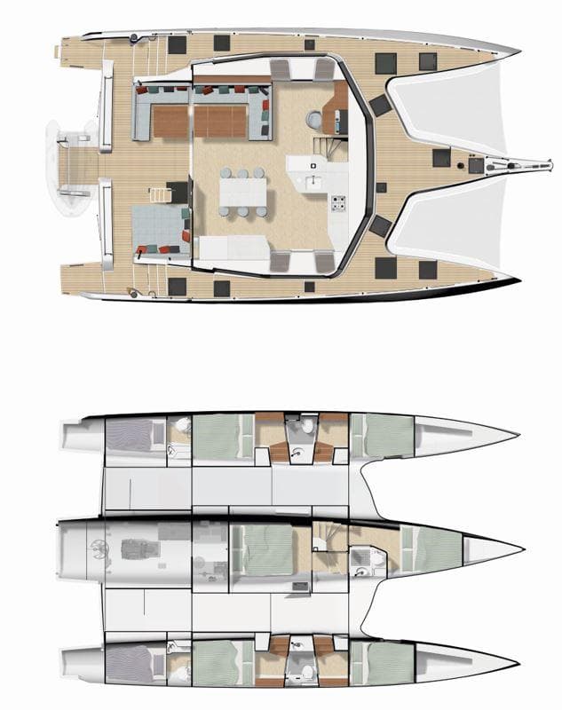 2025 NEEL 52 trimaran layout with spacious interior and modern design.
