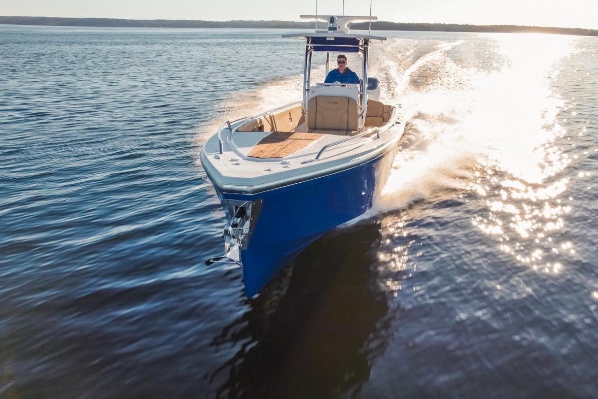 2023 Dynamic D-305V boat cruising on a sunlit lake.
