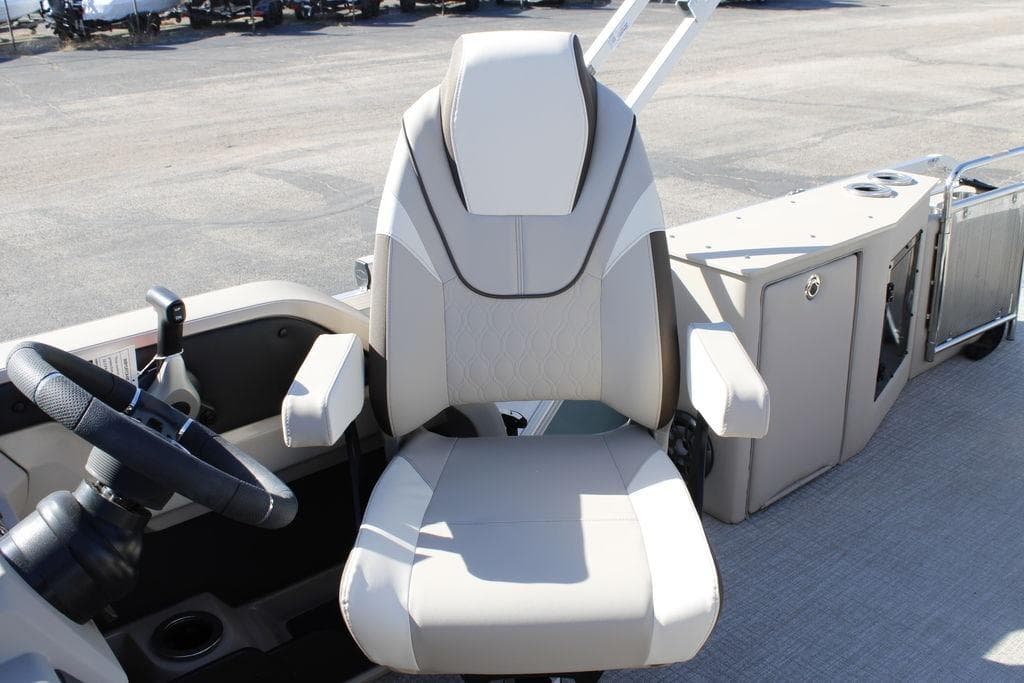 Captain's chair on 2026 Avalon LSZ Cruise Rear Bench pontoon boat.