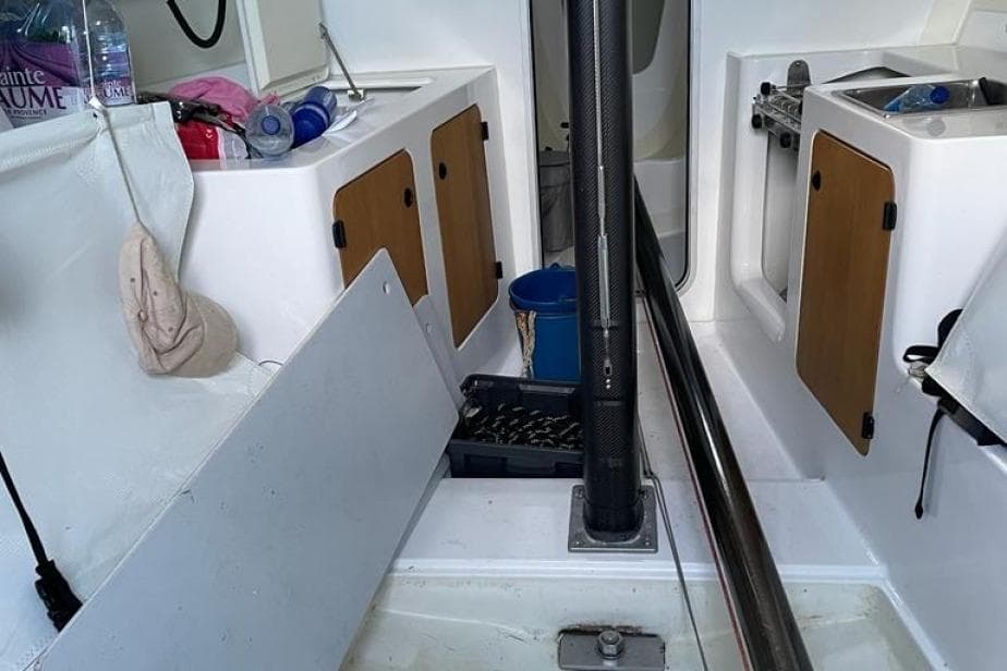 Interior of a 2020 M.A.T. 1070 sailboat with storage and equipment.