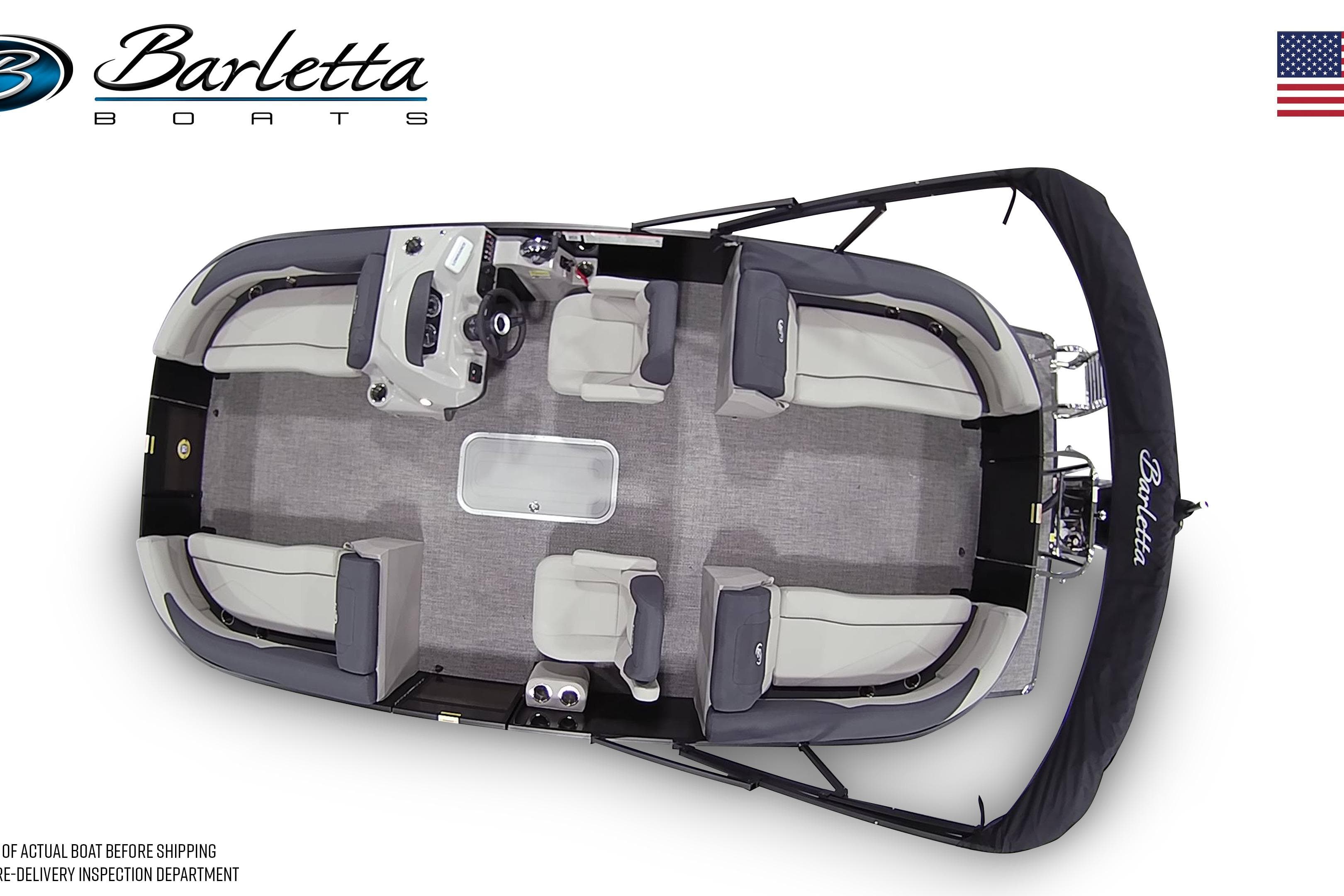 2026 Barletta SANZA 22QC pontoon boat, top view, showcasing spacious seating and sleek design.