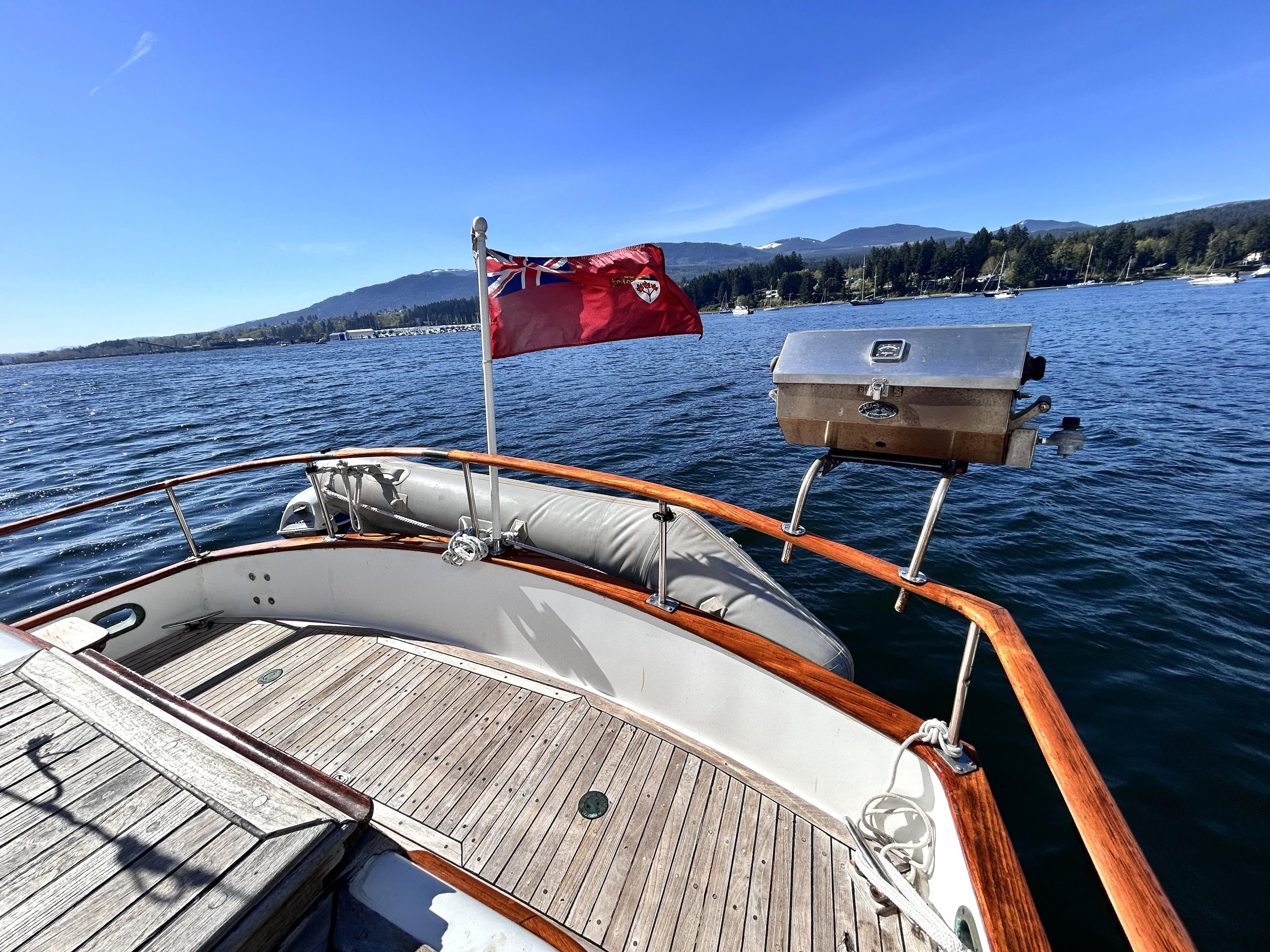 1989 Albin 43 Trawler deck with flag and grill, scenic water and mountain view.