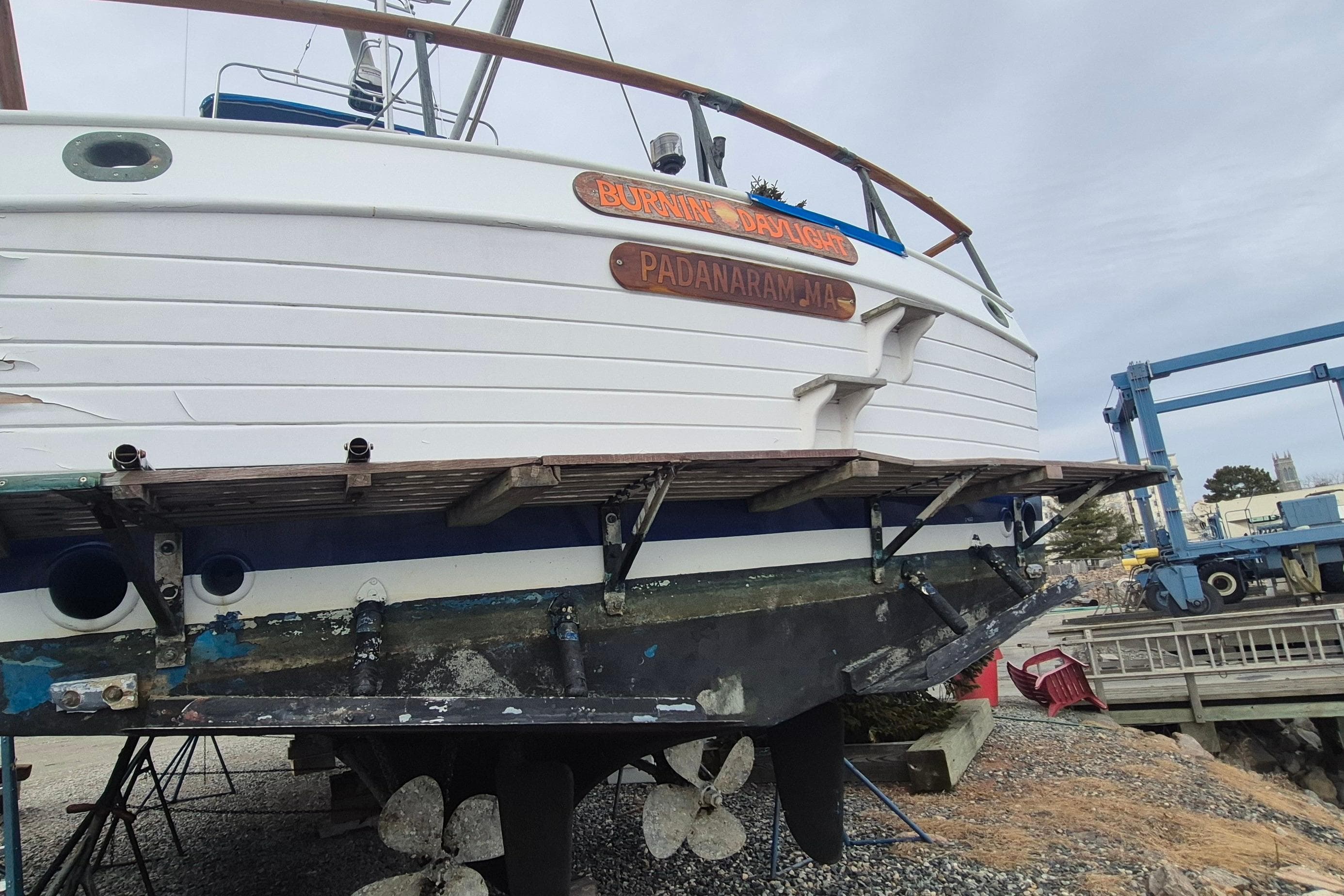 1983 Grand Banks 42 Classic boat on dry dock, showing stern and propeller.
