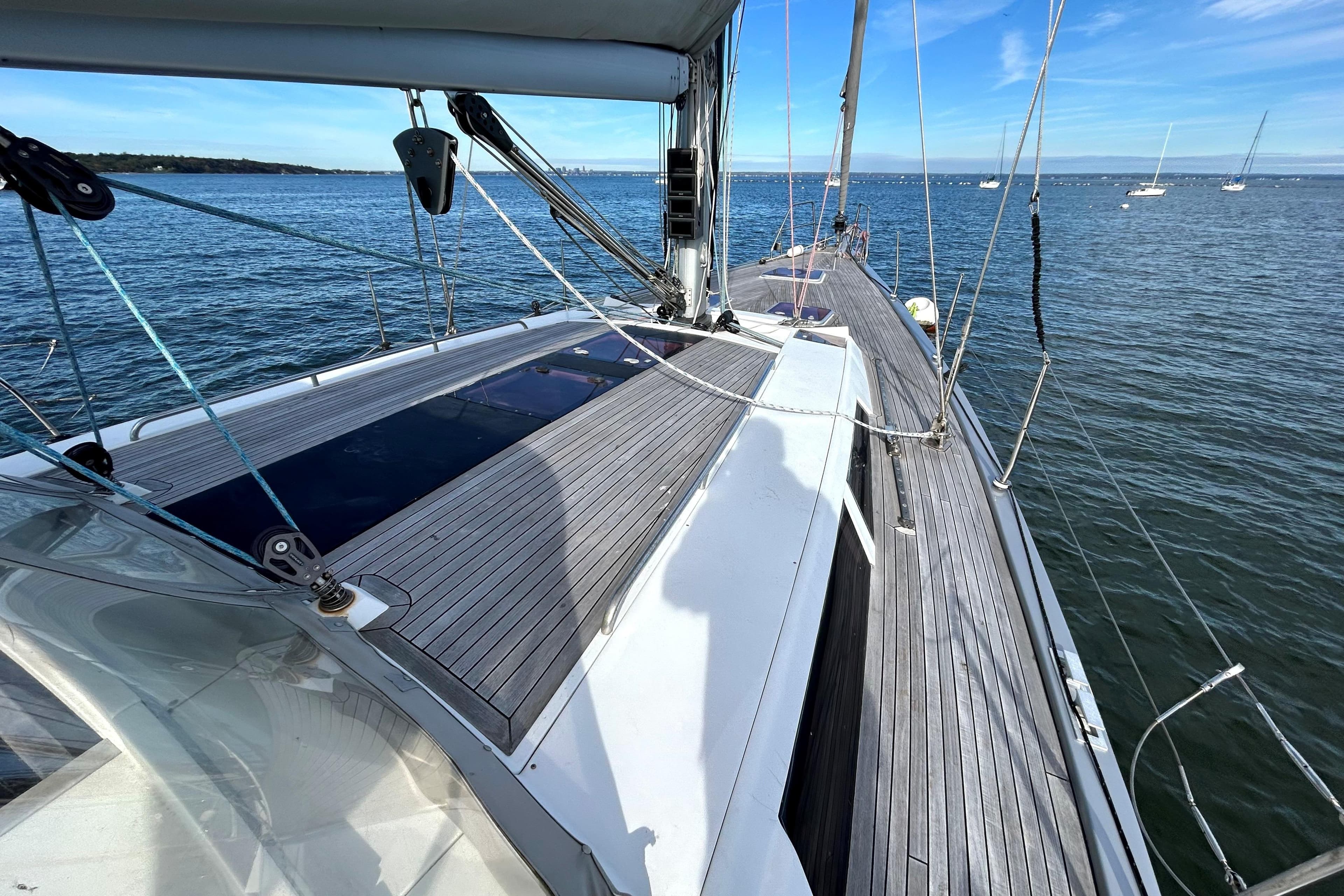 2008 Hanse 470e yacht deck with sleek design on calm waters.