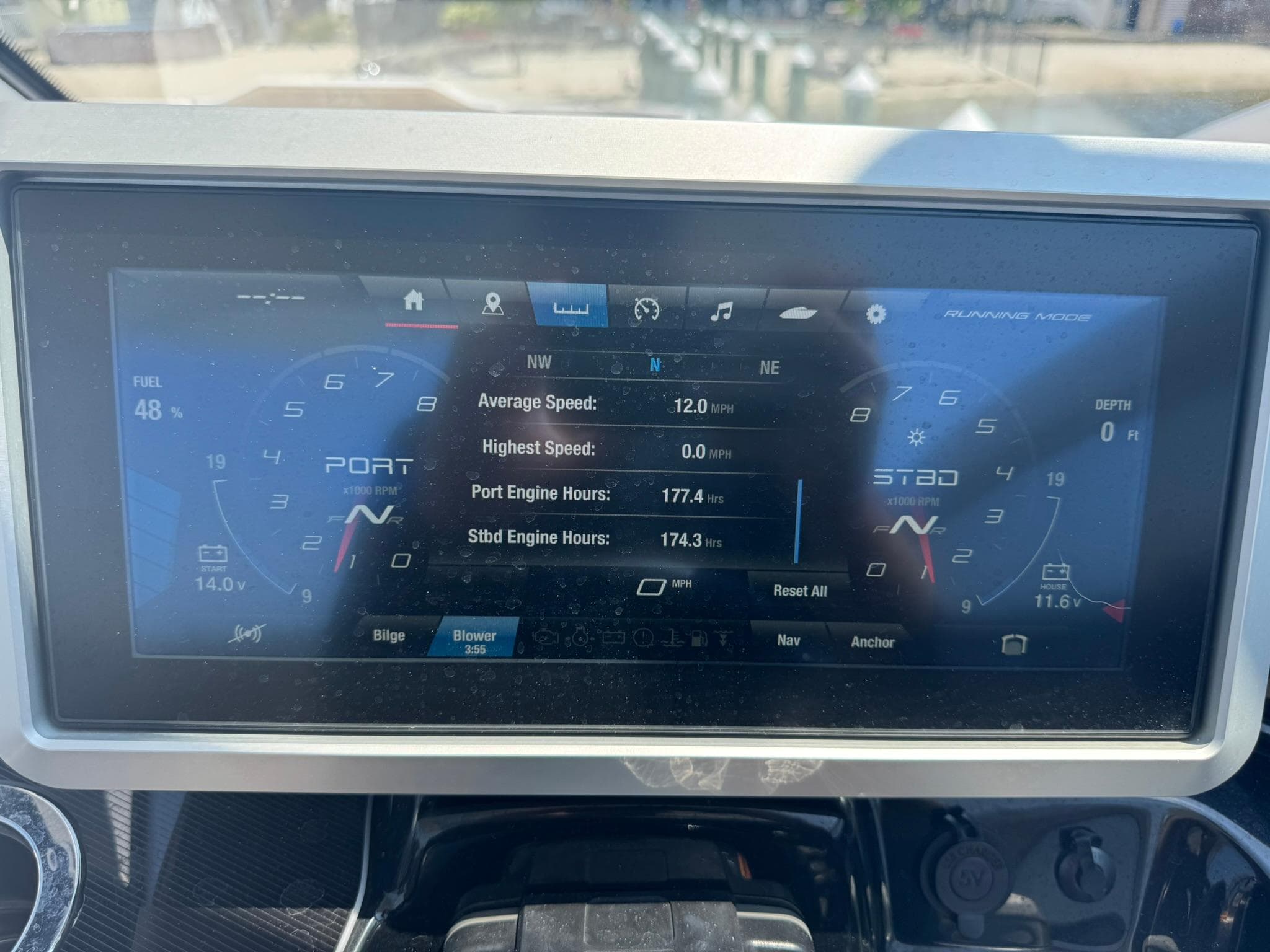 Dashboard of 2022 Yamaha Boats 275SD showing speed, engine hours, and fuel level.