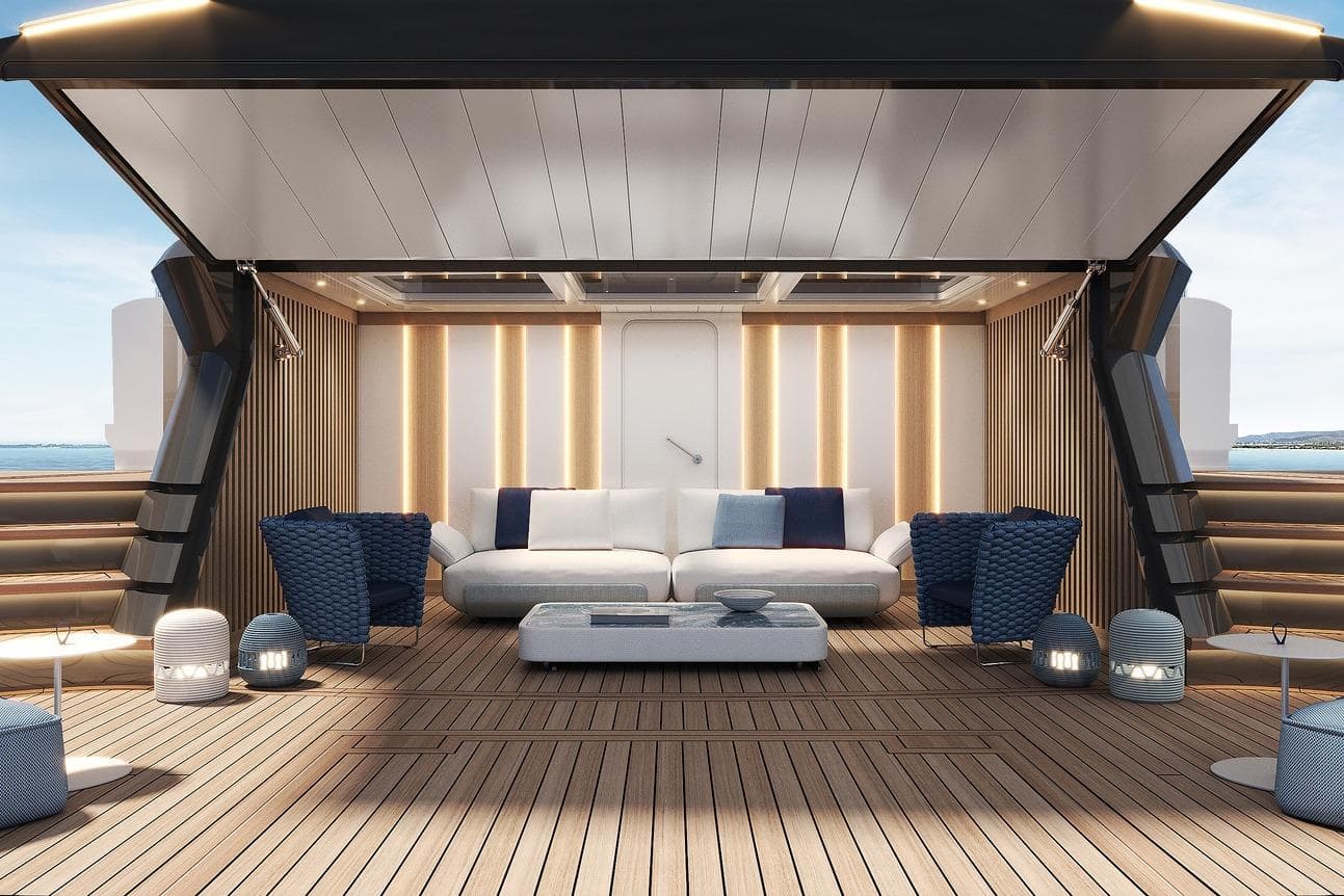 Luxurious 2026 Majesty 145 yacht deck with modern seating and elegant lighting.