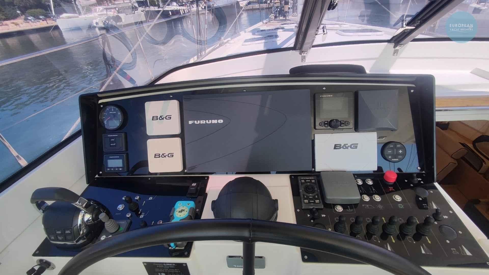 Cockpit of 2017 Amel 55 yacht with navigation equipment and controls.