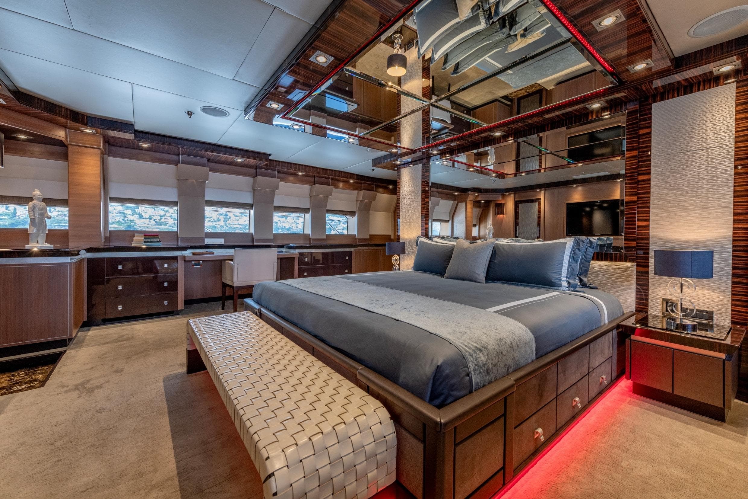 Luxurious bedroom interior on 2008 Palmer Marine PJ150 yacht, featuring elegant design and ambient lighting.