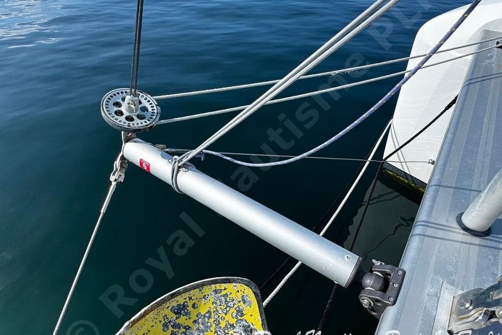 Close-up of a 2018 Lagoon 42 sailboat's rigging and deck details.