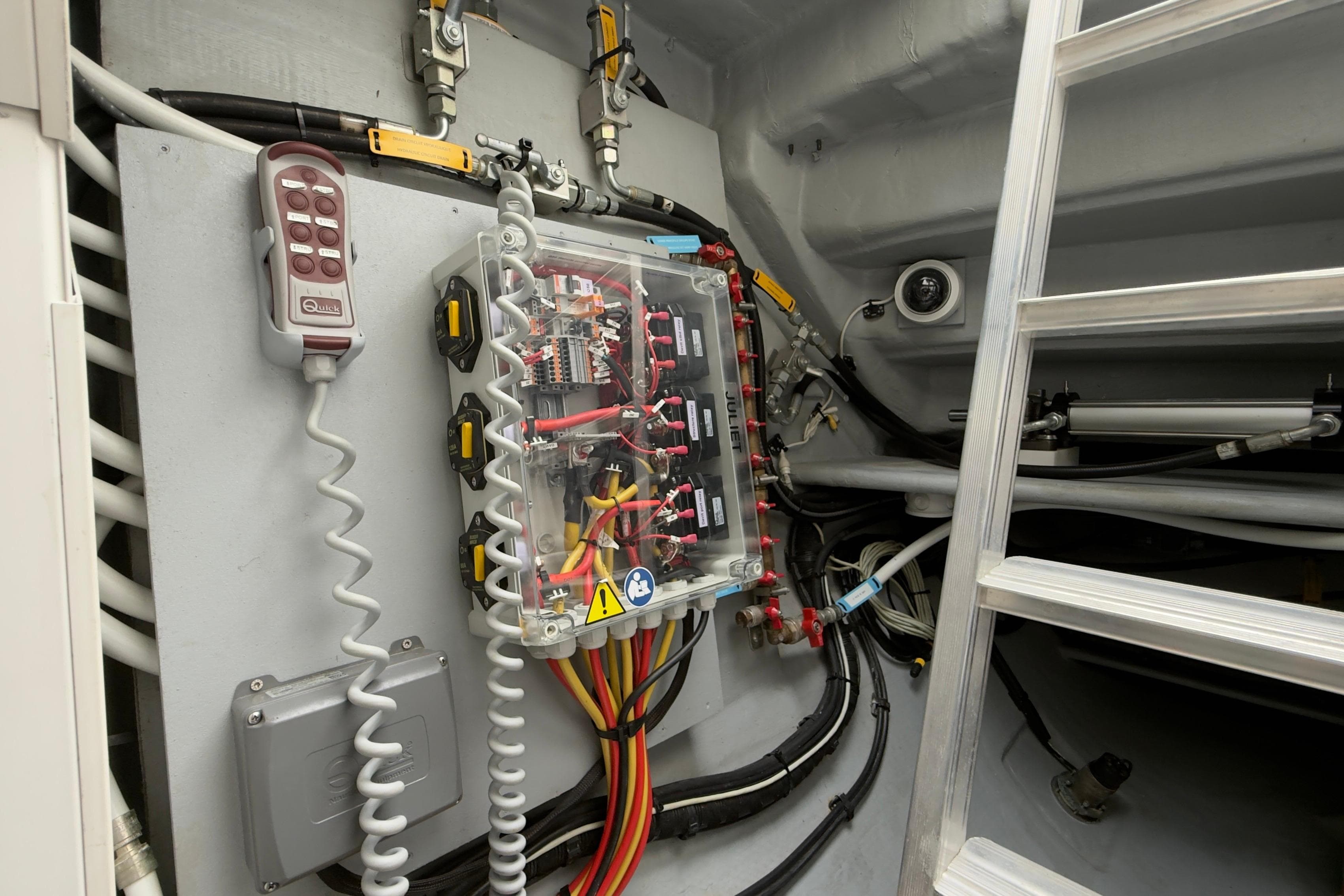 Electrical panel and wiring inside a 2023 Privilege 510 yacht.