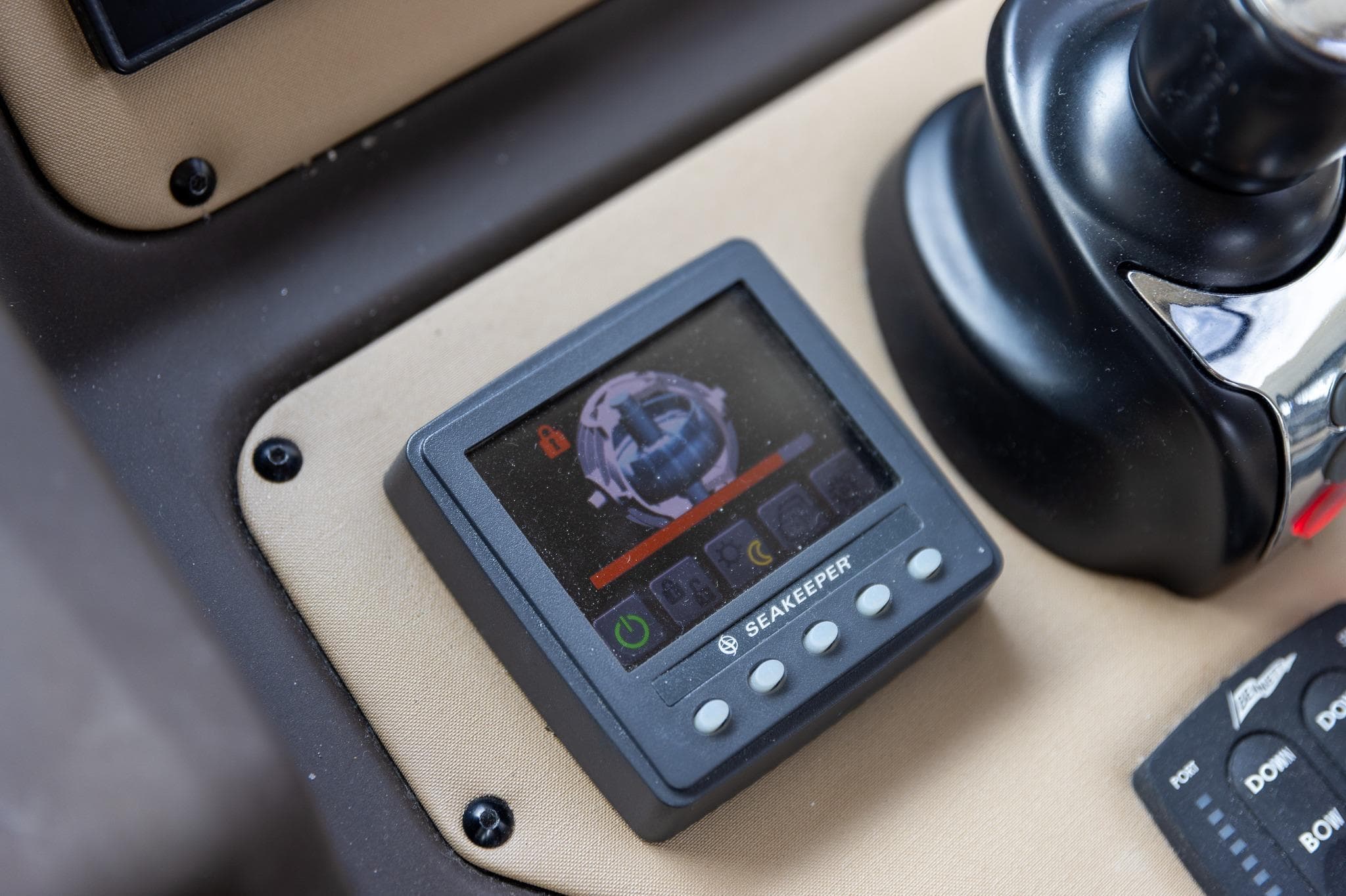 Seakeeper control panel on 2014 Azimut 54 Flybridge yacht dashboard.