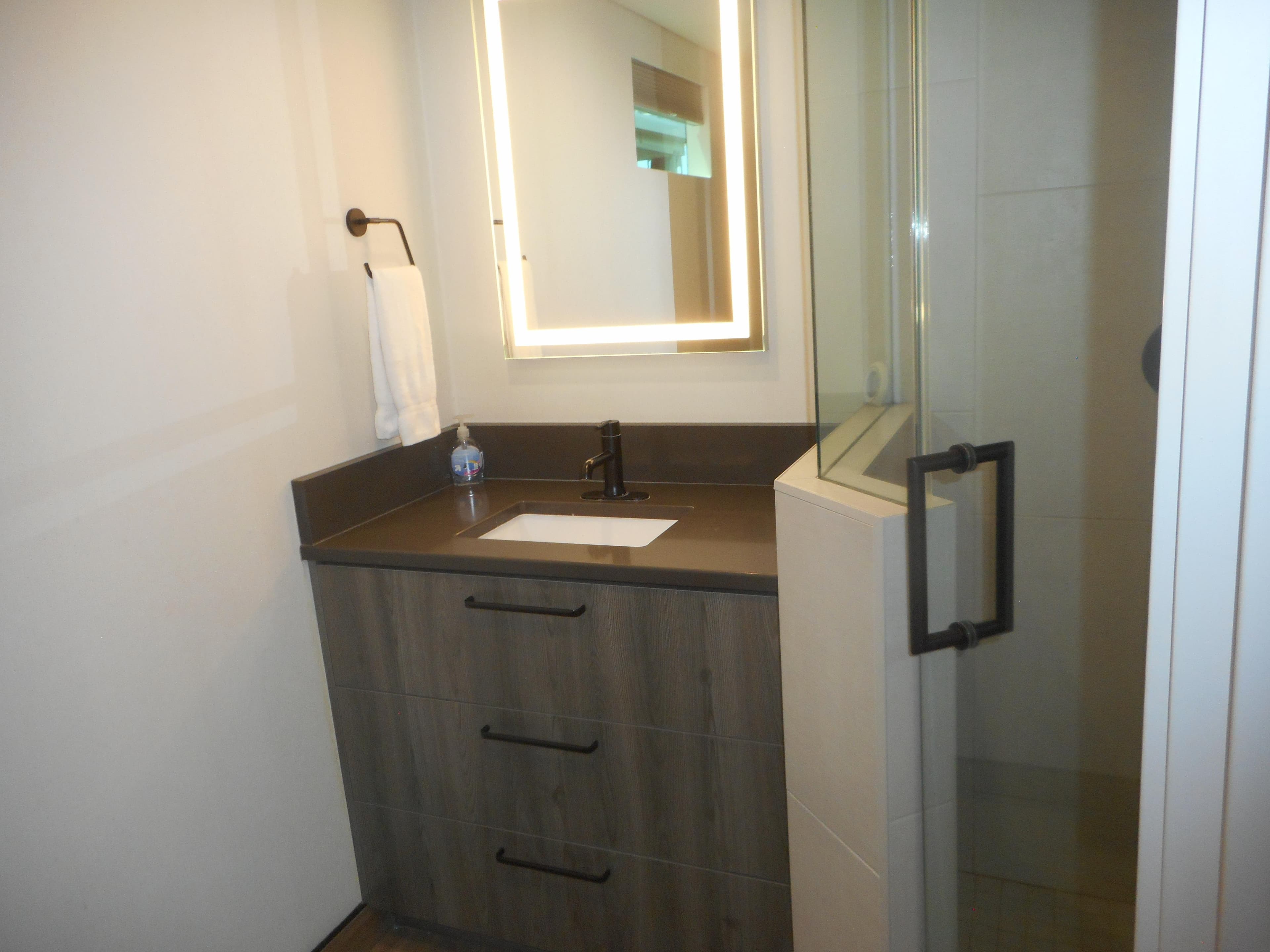 Modern bathroom with illuminated mirror, sleek vanity, and glass shower in Adonia Obsession Trip #12, 2021.