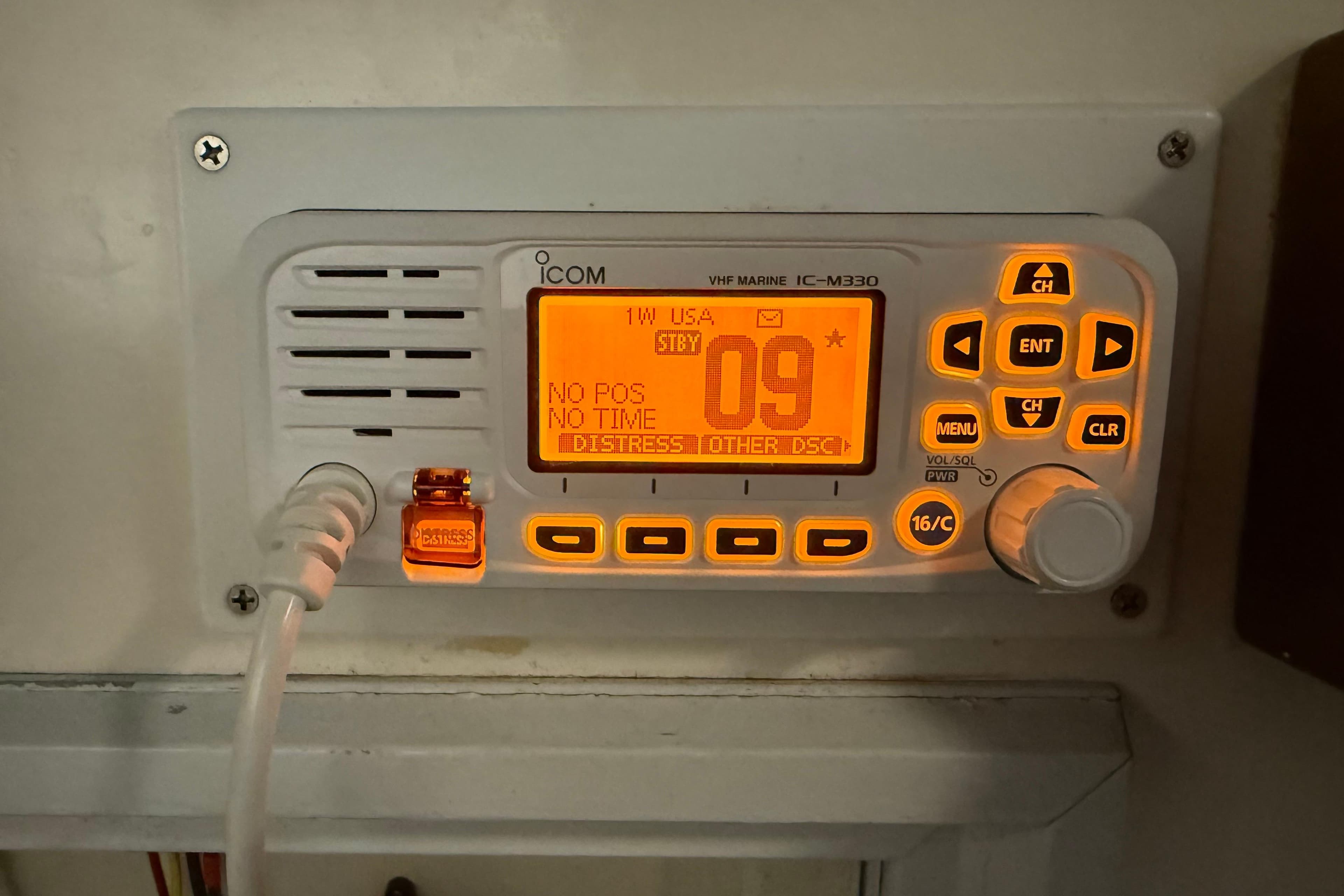 VHF marine radio on 1991 Grand Banks 42 Classic, displaying channel 09.