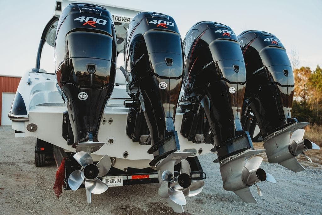 Four powerful Mercury 400R outboard engines on a 2018 MTI 57 boat.