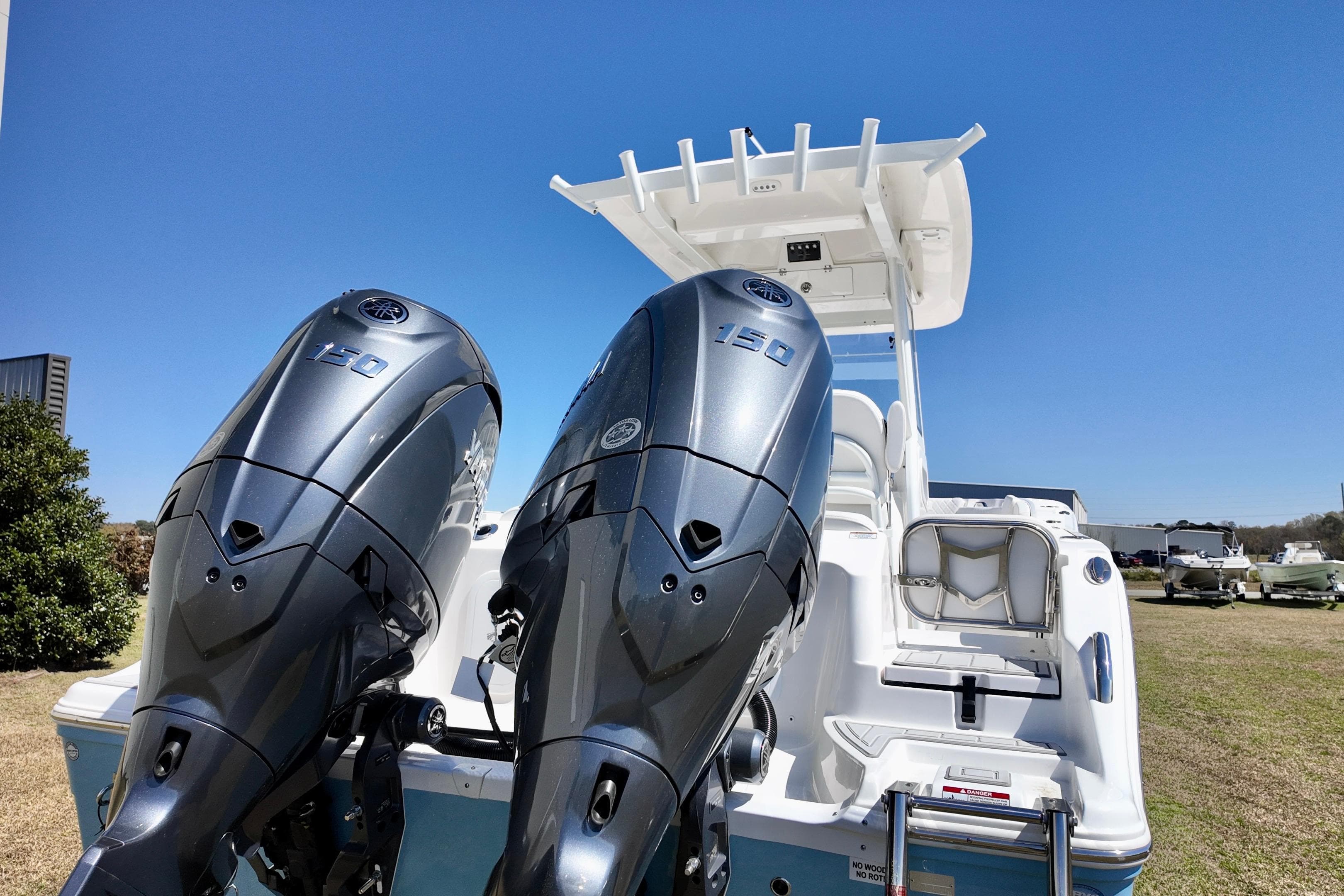 2026 Sea Fox 268 Commander with dual 150 horsepower engines, showcased outdoors.