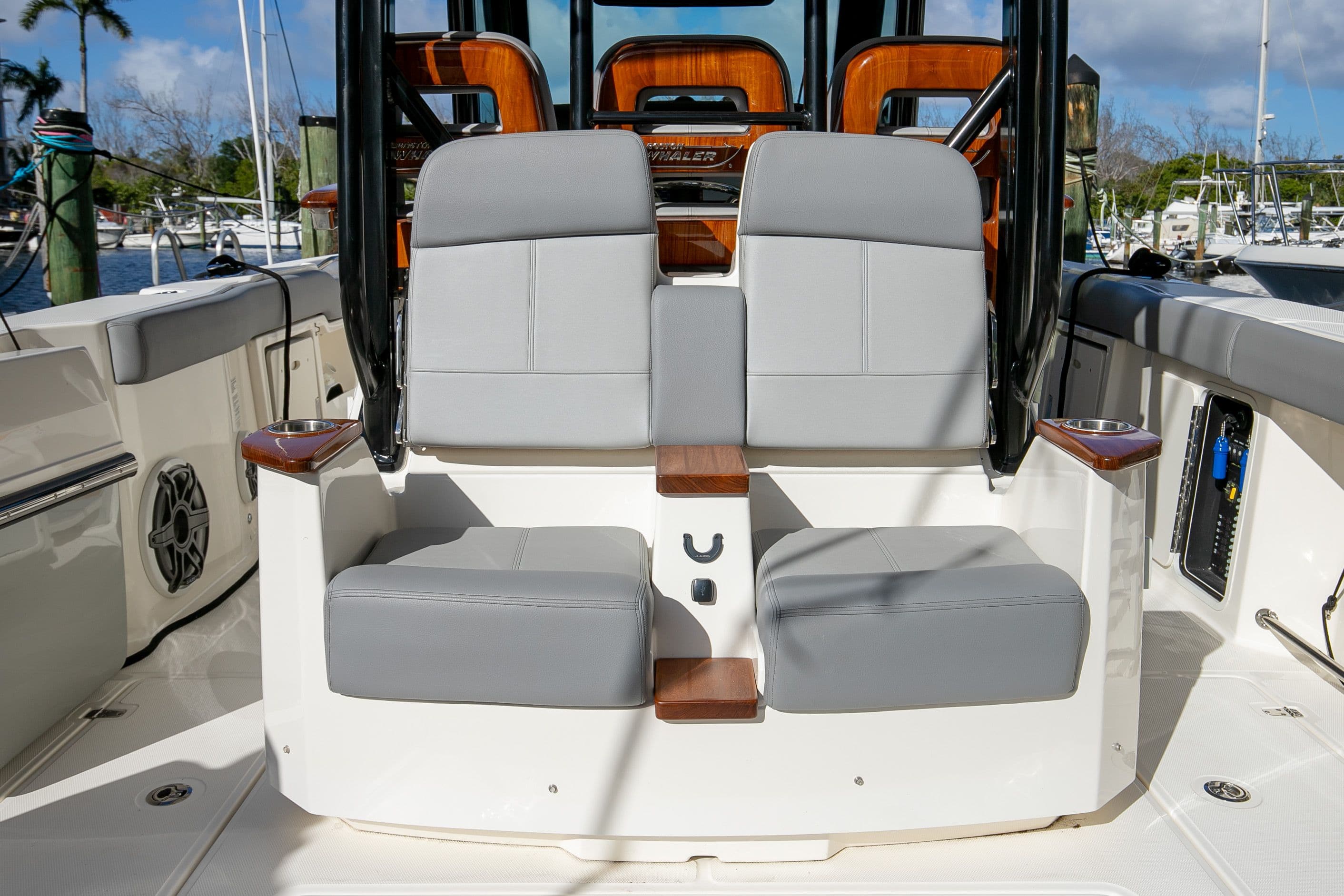 Interior of 2023 Boston Whaler 360 Outrage with gray seating.