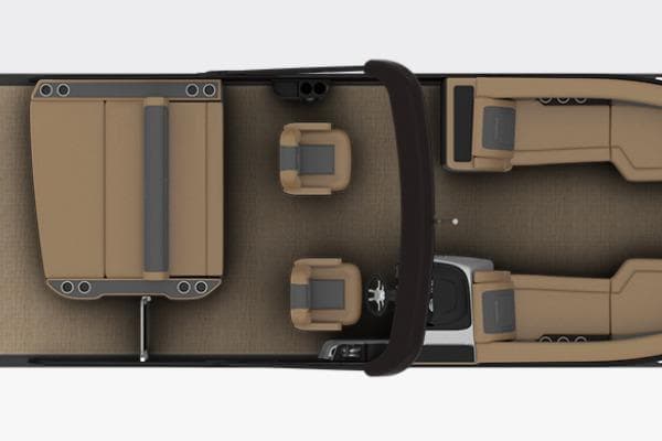 2026 Harris Sunliner 230 boat interior layout with tan seating and modern design.