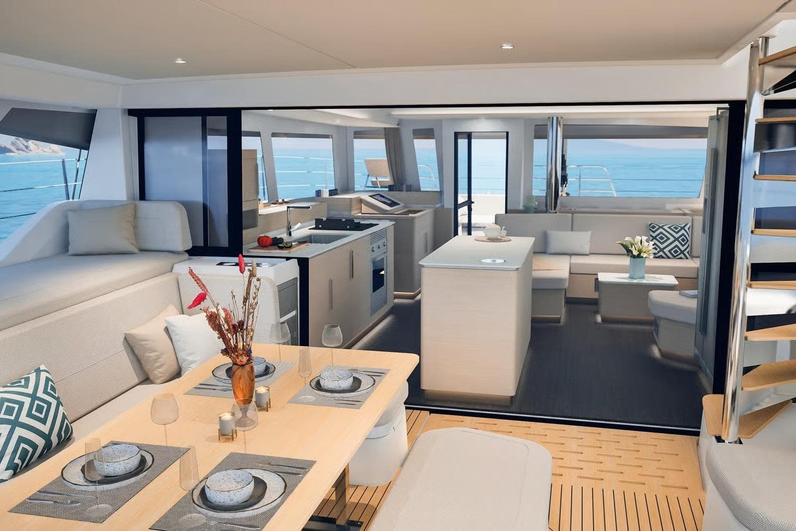 Luxurious interior of 2026 Fountaine Pajot New 55 catamaran with modern dining and lounge areas.