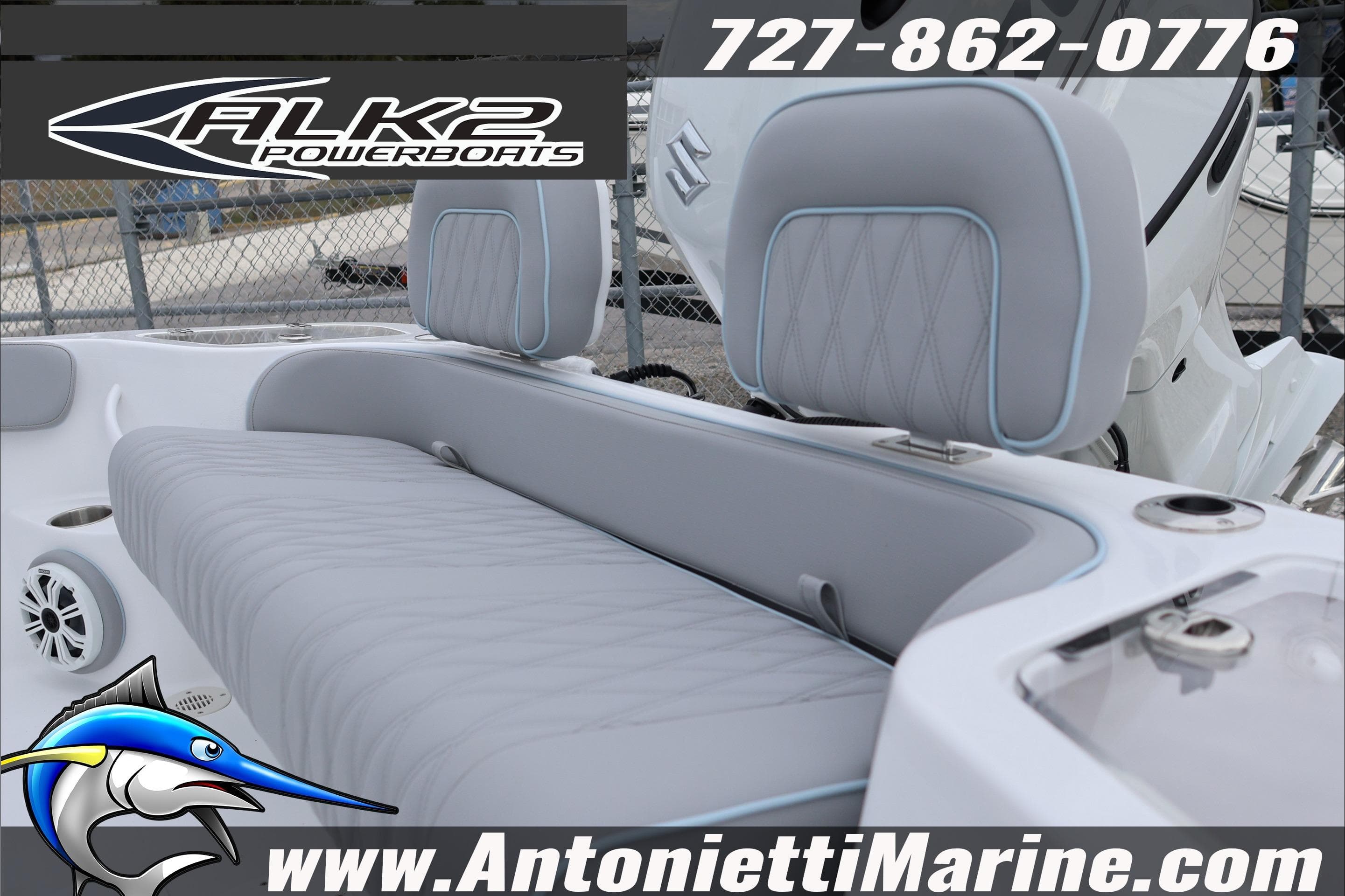 2026 ALK2 Powerboats 23 CRX interior with gray seating and marine details.