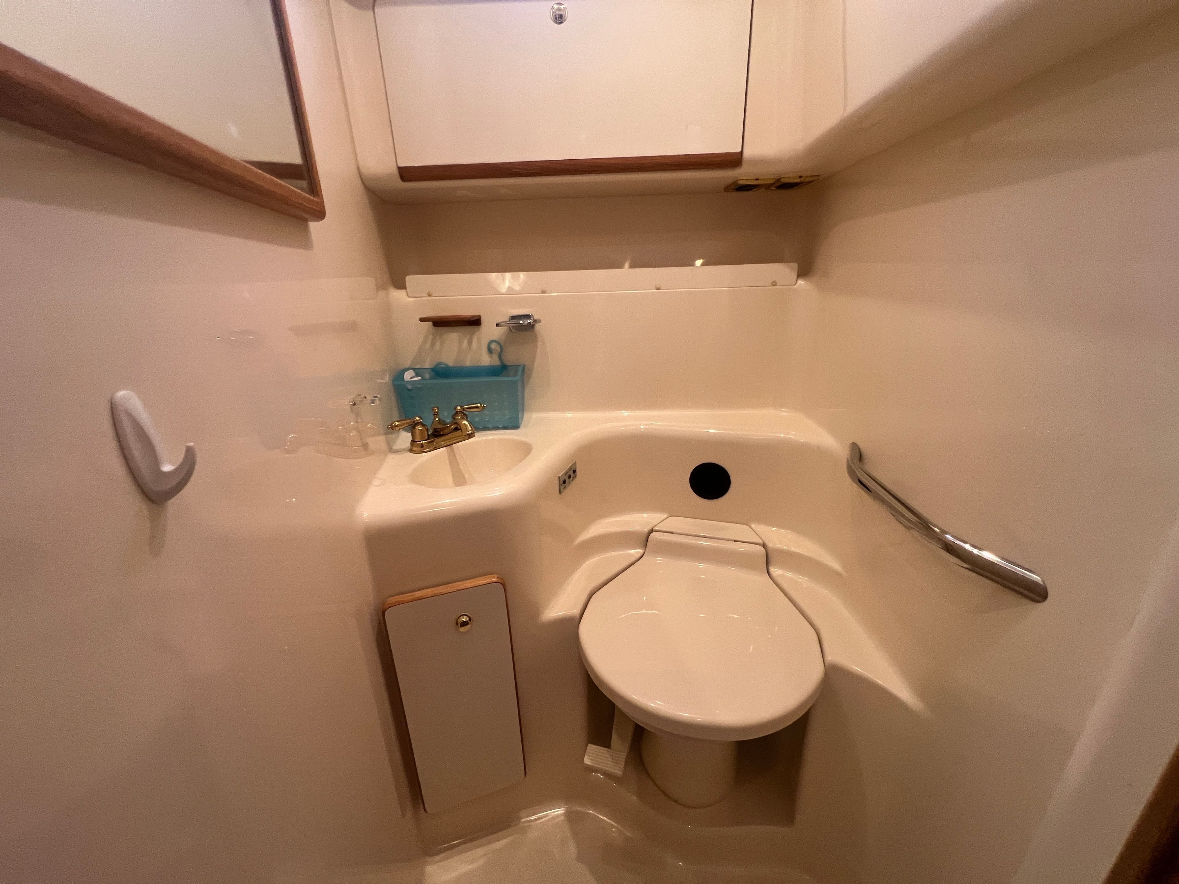 Sea Ray 450 yacht interior, bathroom with toilet and sink.