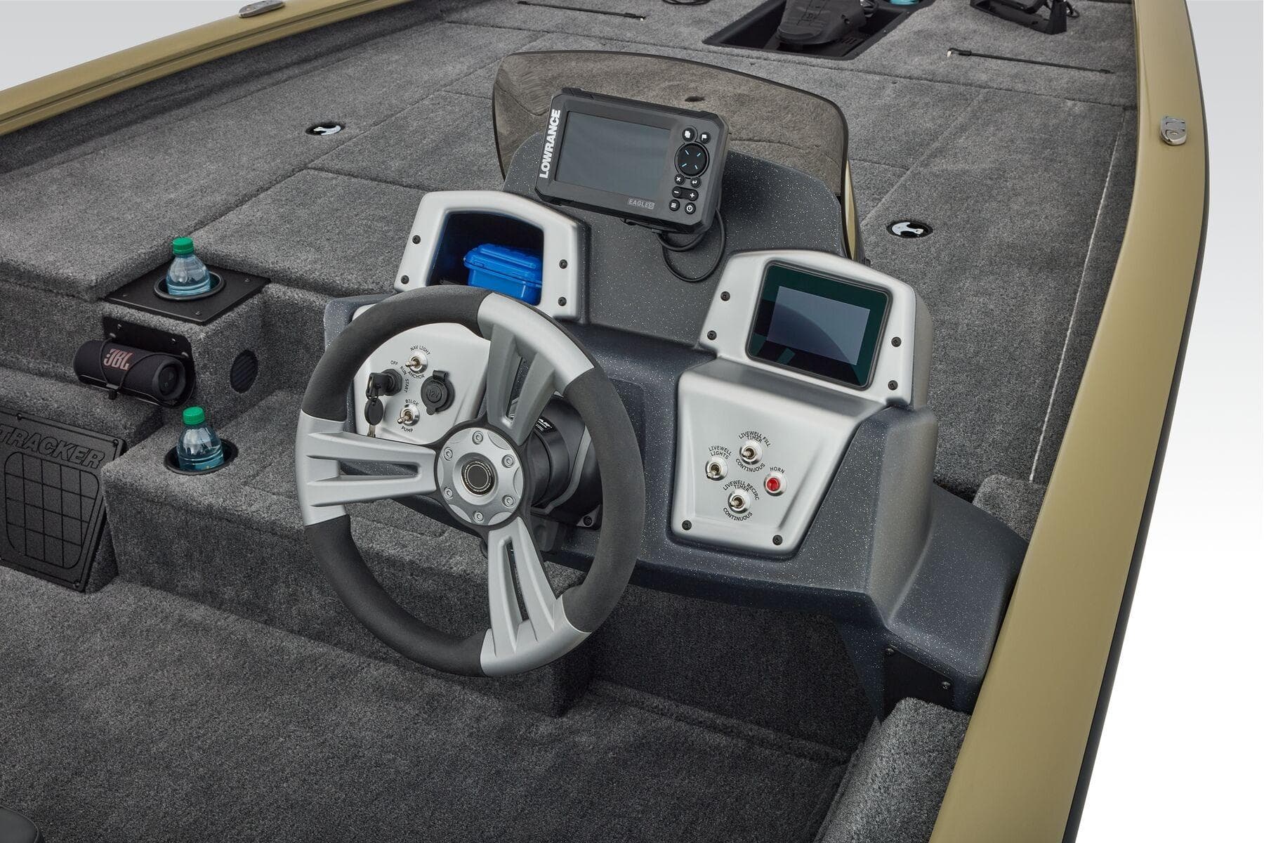 Manufacturer Provided Image: 2026 Tracker Pro Team 195 boat dashboard with steering wheel and electronic controls.