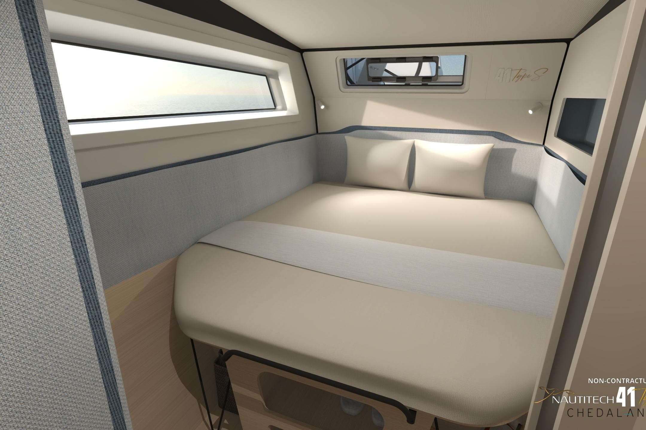 Interior of Nautitech 41 Type S 2026 with cozy bed.
