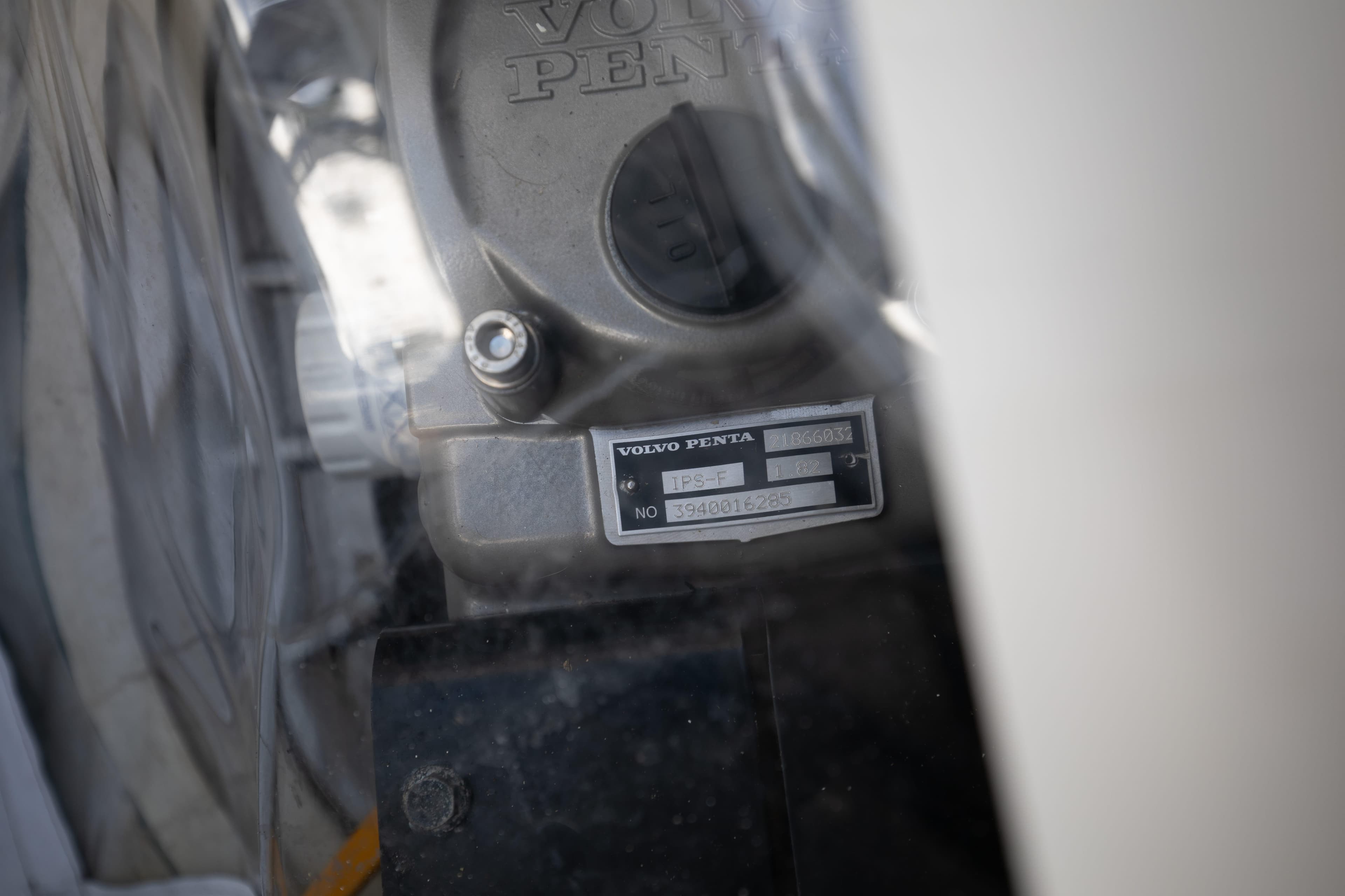 Close-up of Volvo Penta engine part on 2015 Albemarle 360 Express Fisherman boat.