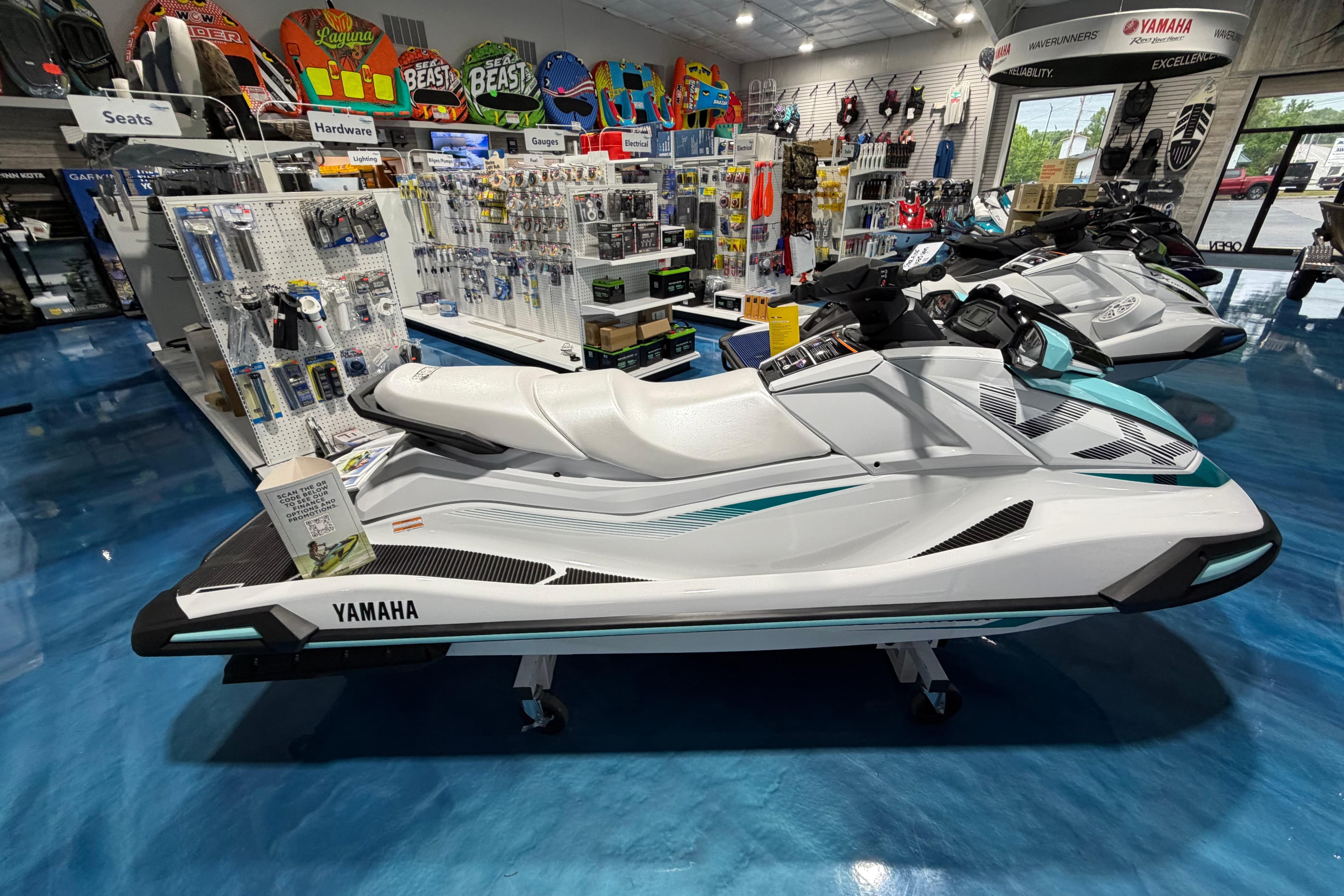 2026 Yamaha WaveRunner VX displayed in a showroom with accessories.