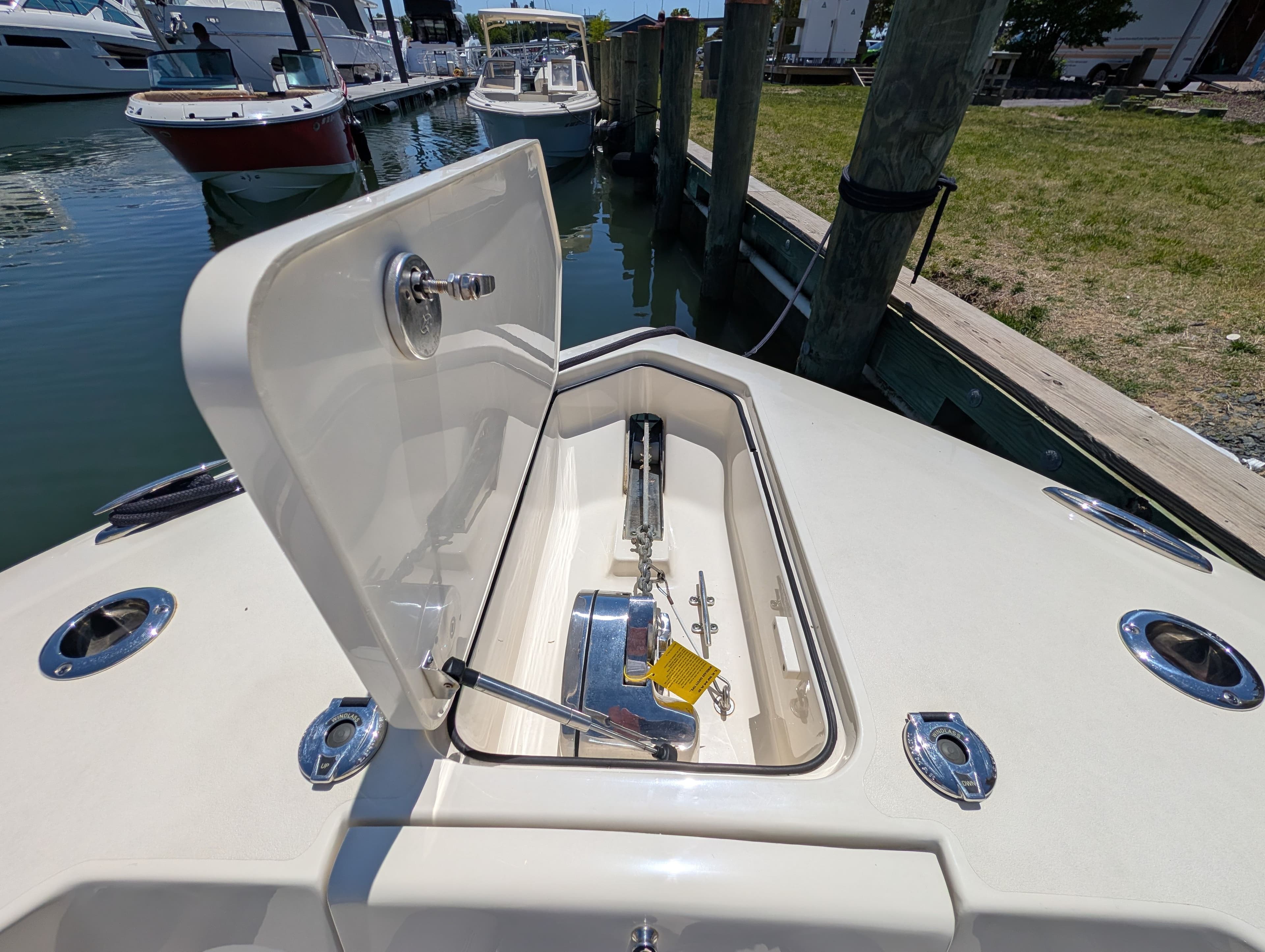 Scout 255 LXF 2020 anchor compartment at dock.