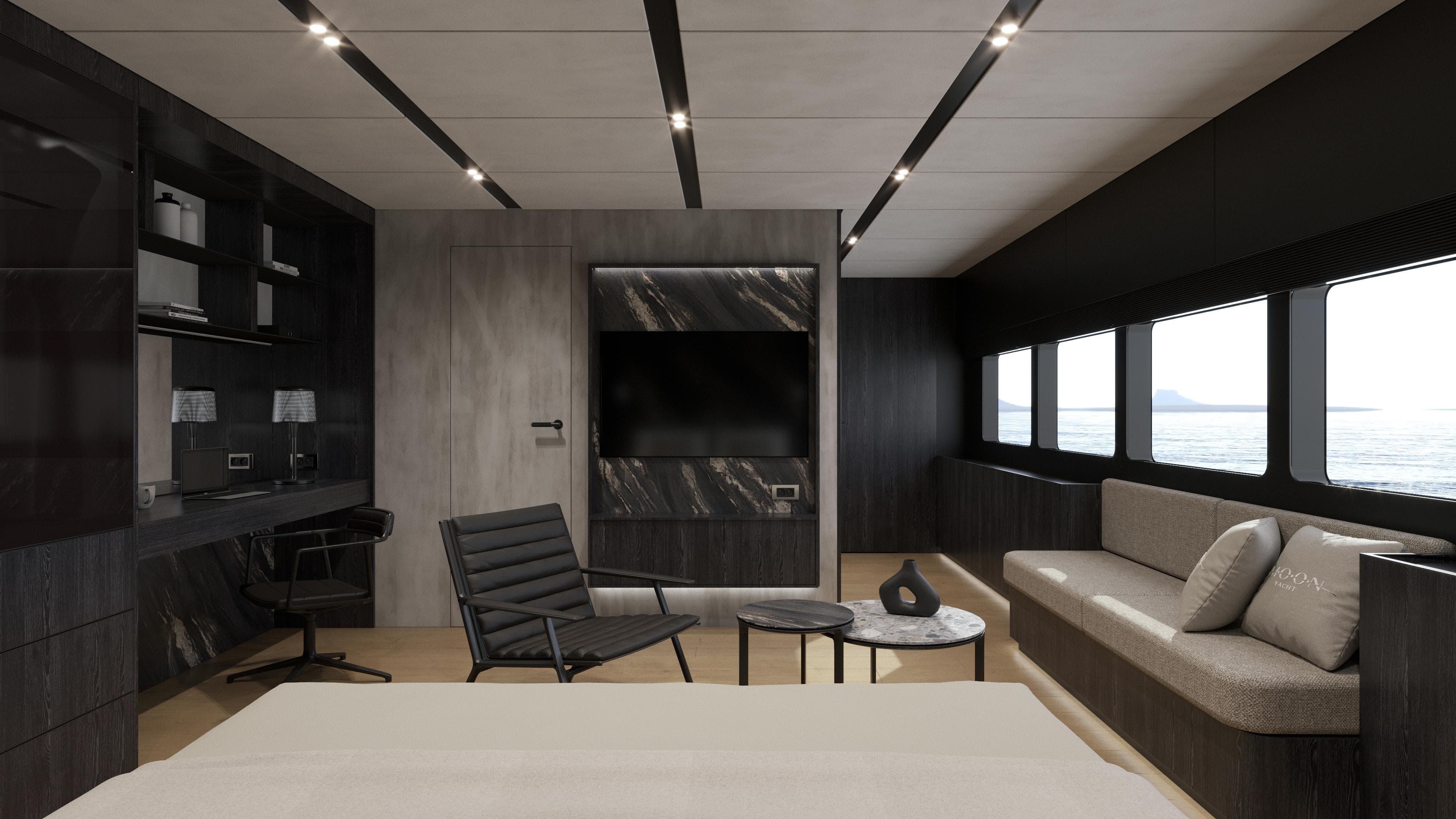 Luxurious yacht interior with modern design, featuring sleek furniture and large windows overlooking the sea.