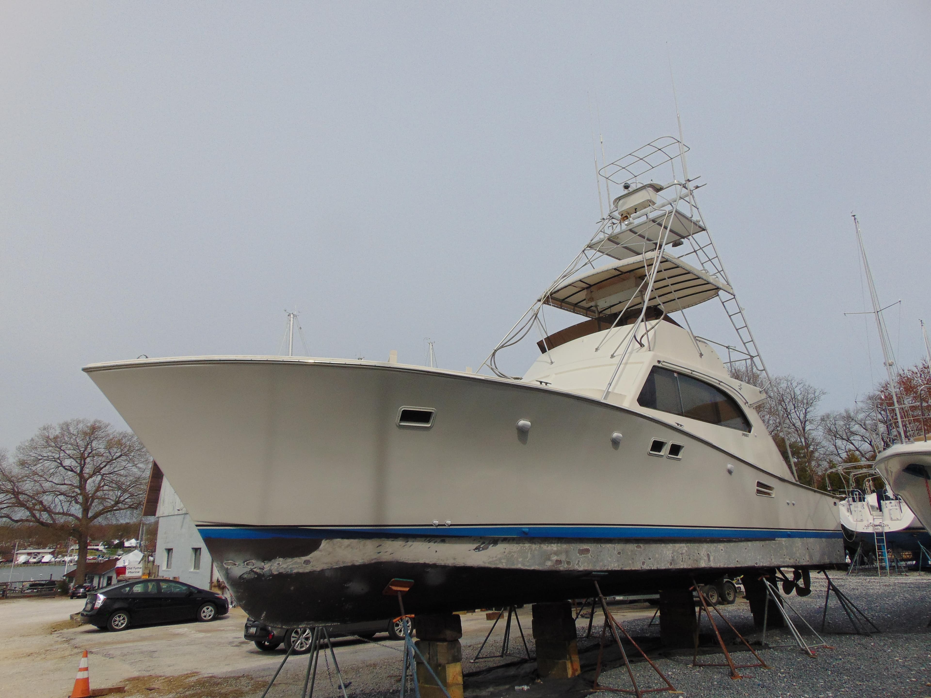 1981 Post 46 Sportfish boat on stands, ready for maintenance.