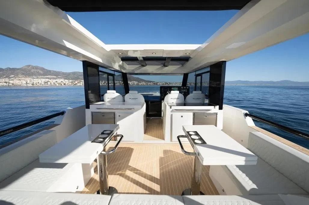Interior of De Antonio Yachts D50 Coupé 2026 on open sea.