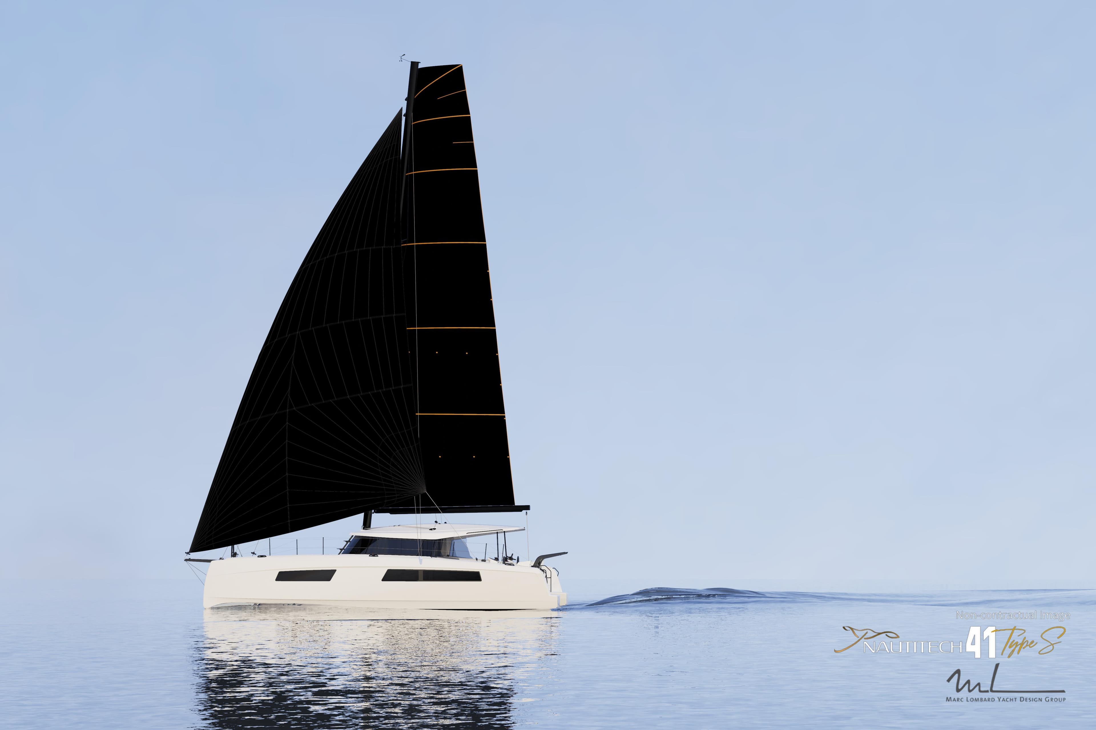 Sleek Nautitech 41 Type S catamaran sailing on calm waters, 2026 model.