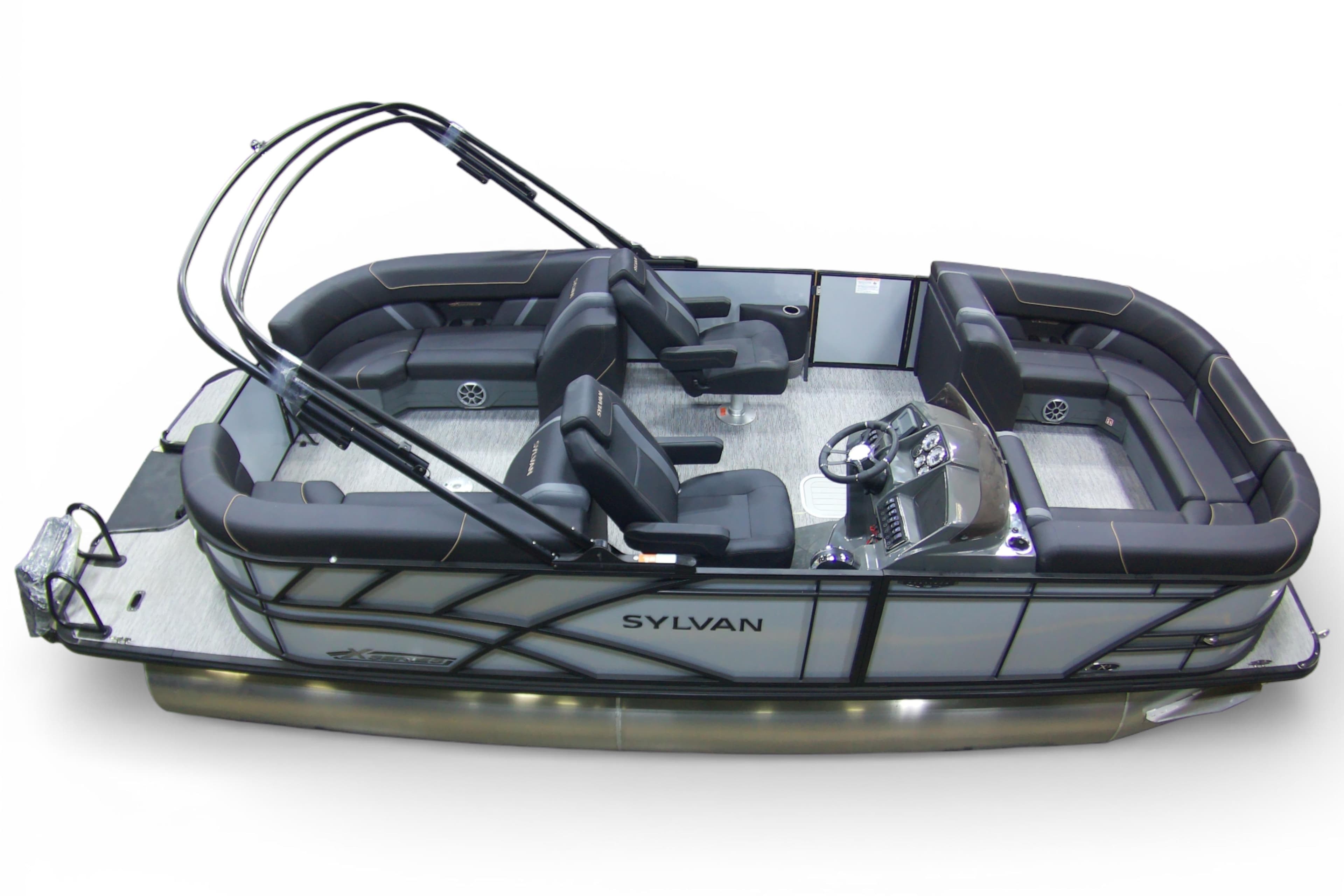 2026 Sylvan MIRAGE X-3 pontoon boat with sleek design and spacious seating.