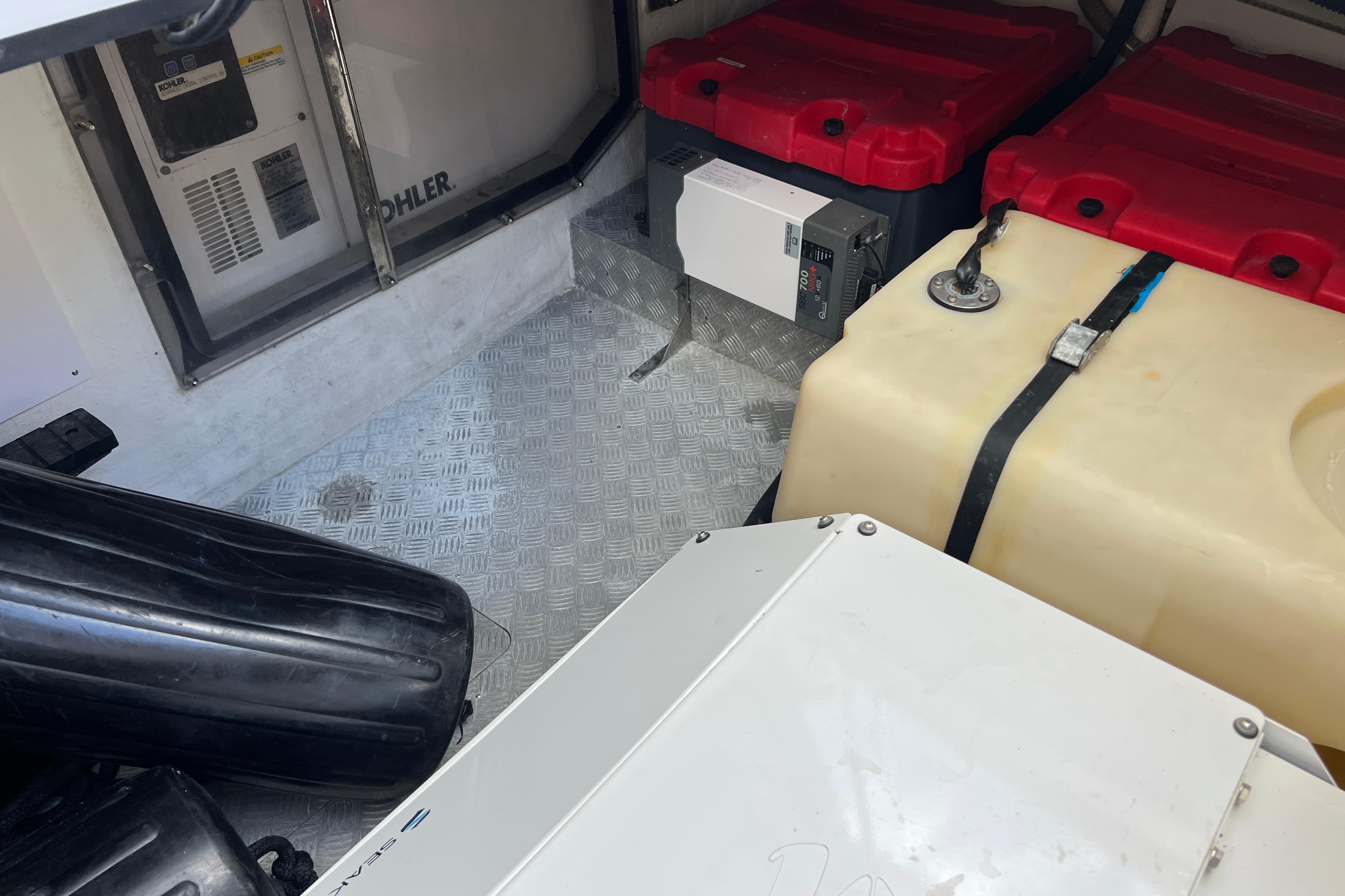 Engine room of 2018 Azimut Verve 40 with Kohler generator and fuel tanks.