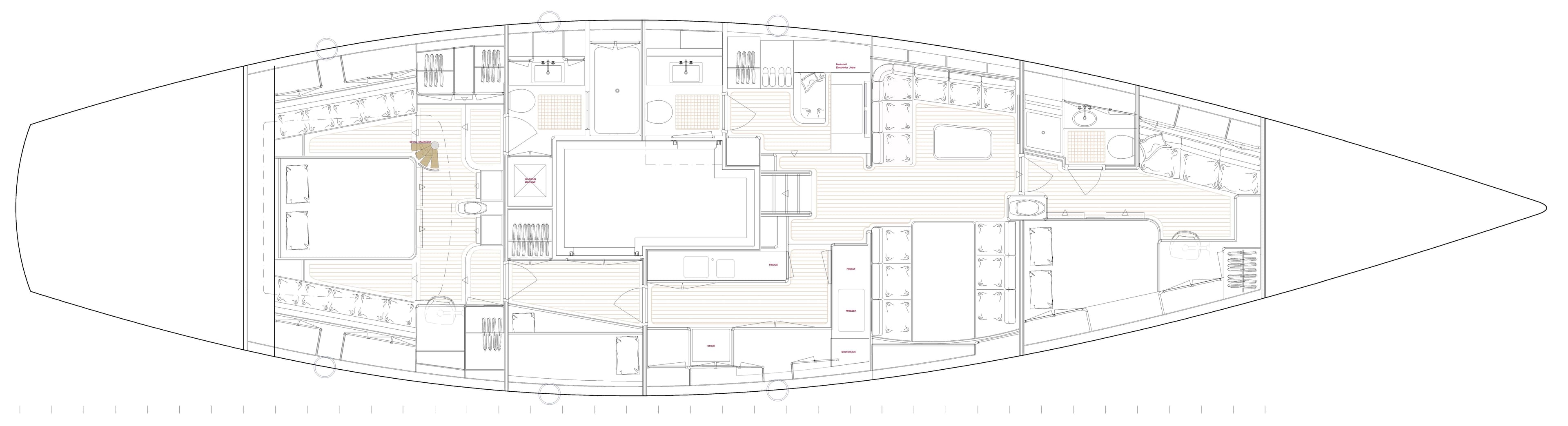 Floor plan of a 2024 Hoek 78 yacht, showcasing detailed interior layout.